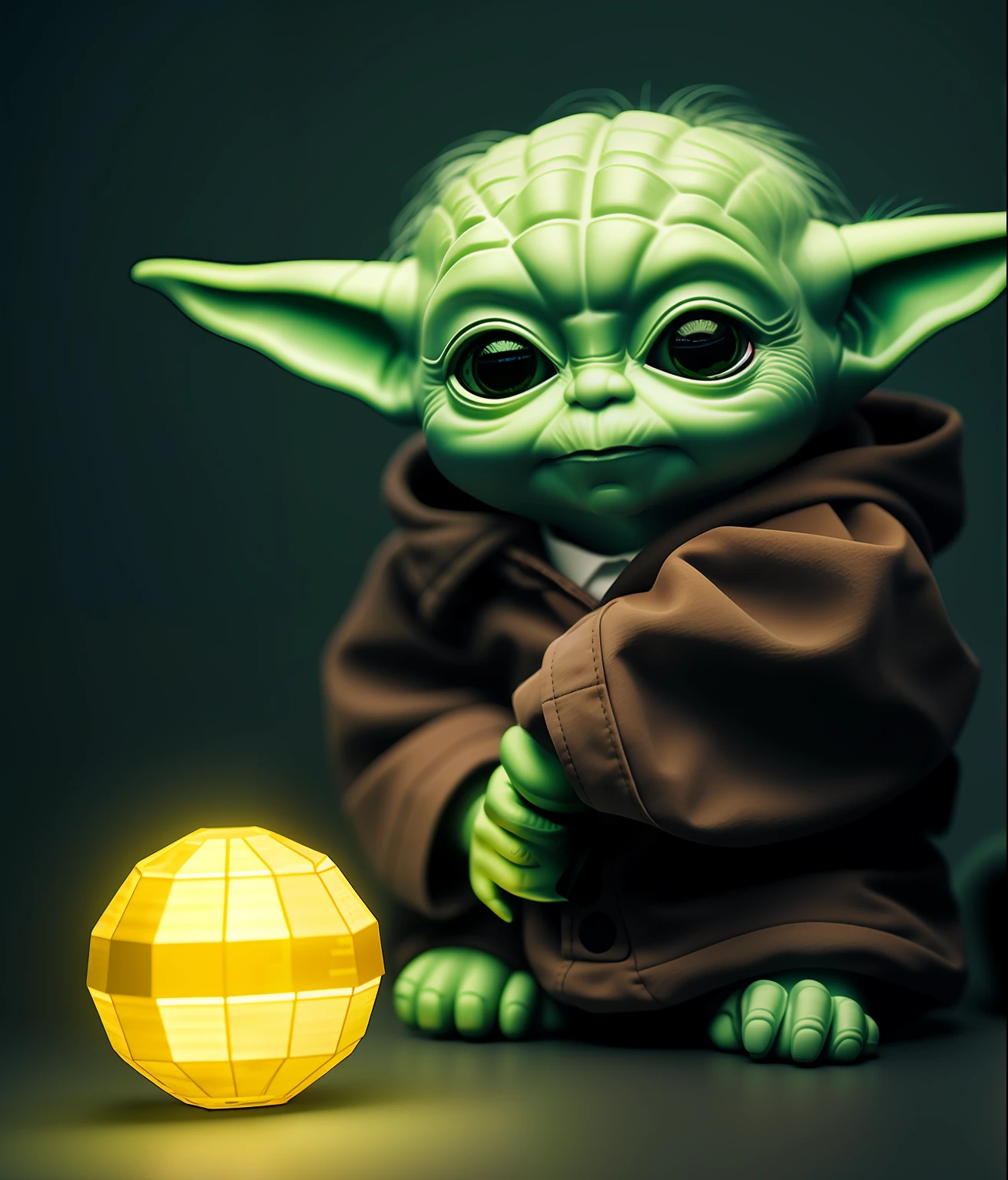 Baby Yoda sitting in the dark with a single spotlight on him, com um colar de bitcoin, (luz SEMI-SILHUETA: 1.1), (raytracing: 1.1), (cryengine: 1.1), (detalhe da pele: 1.1), (fotórealista: 1.1)