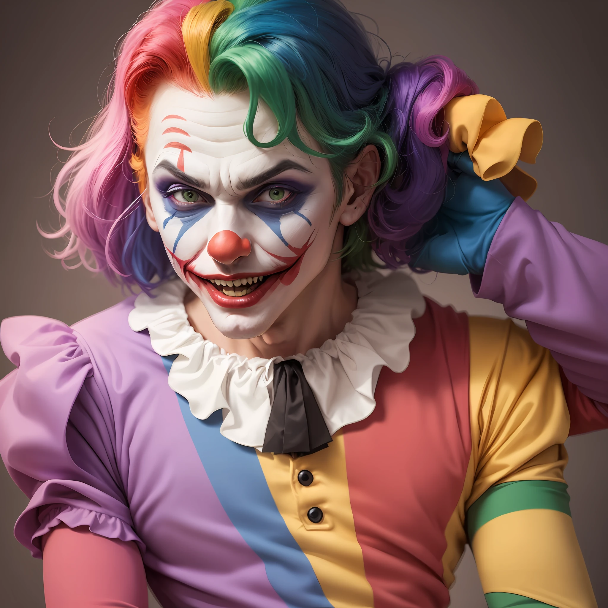 Handsome man dressed as a clown with funny expression, as the joker, cutecore clowncore, wearing accurate clown makeup, Put on clown makeup, clown makeup and rainbow wig, King Pepe wears a rainbow wig, clown makeup, High quality clothing, Clown makeup, Realistic clown makeup, real clown makeup, Wearing bizarre clown makeup --auto