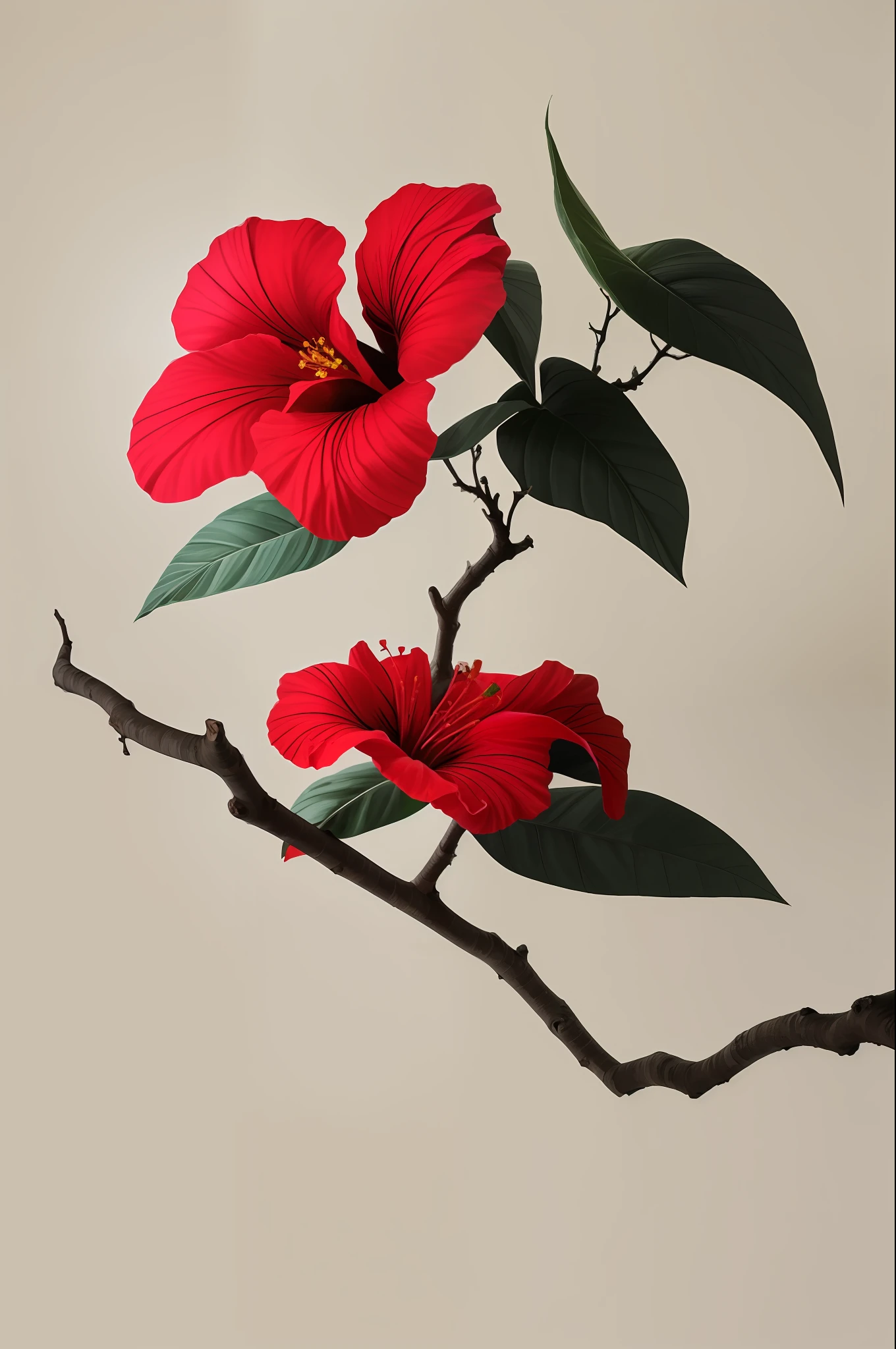 hibiscus flower blooming on a gnarled branch against a grey background, simple background, in the style of light orange and light beige, minimalist images, photography installations, paleocore, green and crimson, hyper-realistic, poetic intimacy