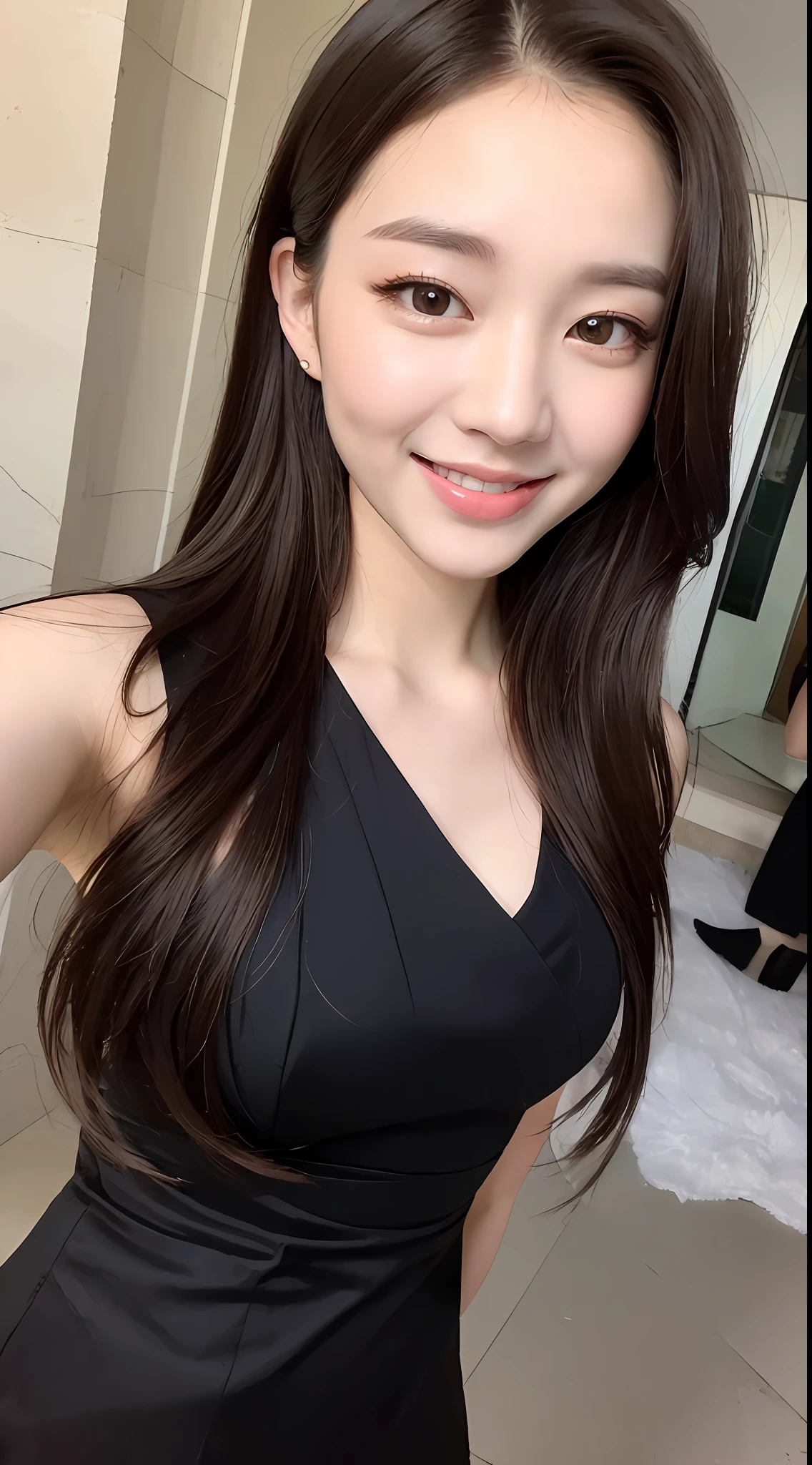 ((Best quality, 8k, Masterpiece :1.3)), 1girl, smiling, full body, slim face, Pretty woman, (Dark brown hair), full length dress :1.1, Ultra-detailed face, Detailed eyes, Double eyelid, blur background, slim face, city, outside, street,