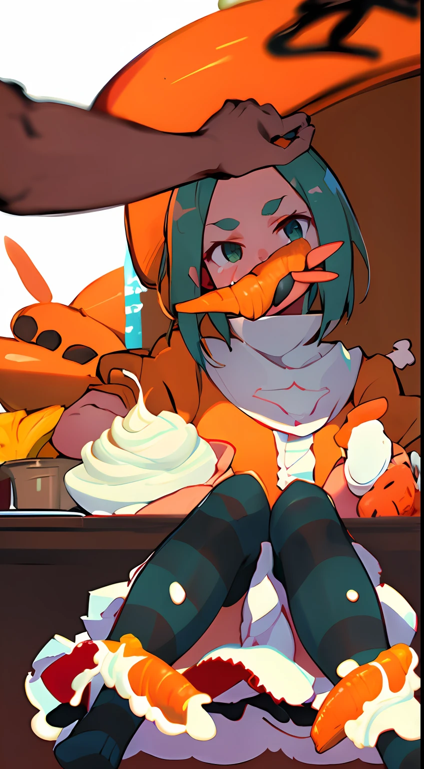 (8k wallpaper，Sharp focus，highly  detailed，delicated，short detailed hair，chiquita，Short skirts for students，Cream spread over face，Eat carrots，Cream is spread on clothes，black pantyhoses)