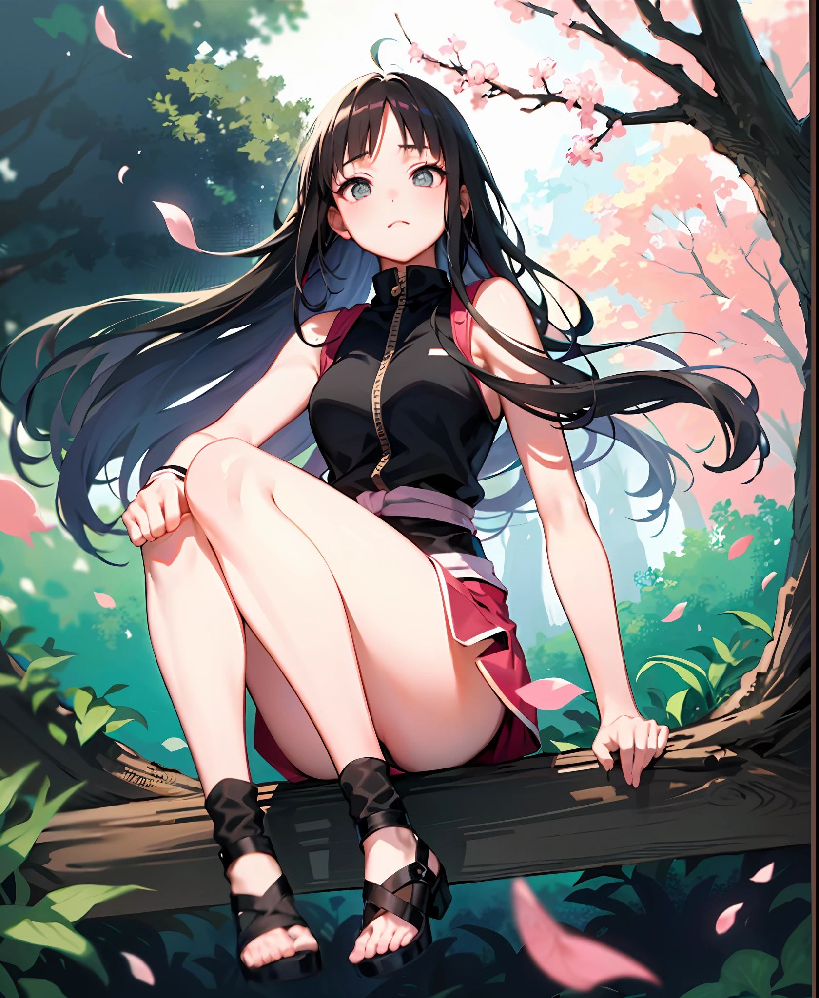 Anime girl sitting on a tree branch in a forest, hinata hyuga, Nezuko, Nezuko-chan, Hinata Hyuga, Naruto, anime exuberante john 8k madeiras, Sakura Haruno no modo Slug Sage, visual anime de uma jovem mulher, haruno sakura, de naruto, sakura petals around her, inspirado em Kamisaka Sekka