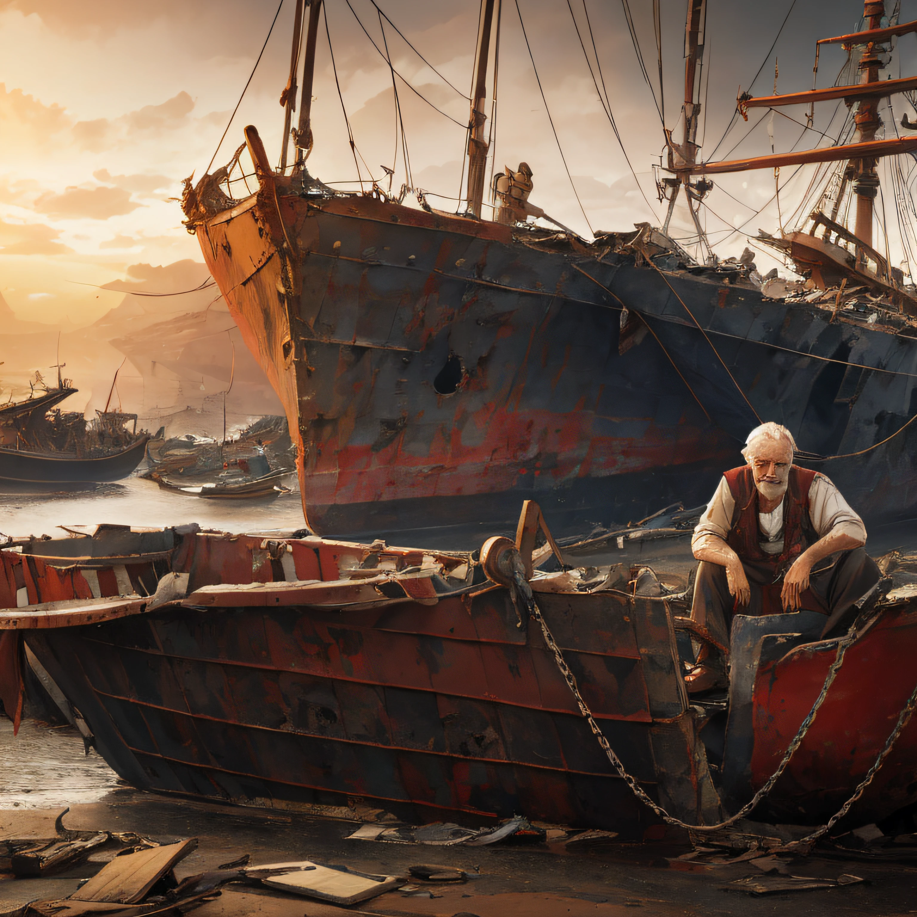 Aged and weathered, the elderly white man dons a tattered and blood-stained naval uniform. His robust physique bears the scars of countless battles, testament to his resilience. Seated upon the floor of a scrapyard littered with the wreckage of once-mighty vessels, he is surrounded by the lifeless hulls of defeated ships. His countenance reflects deep contemplation, yet exudes an air of solemn determination. This vivid image, captured in 8K HDR quality, portrays a stark reality with dominant hues of smoky grey and fiery red, depicting the grim aftermath of war. --auto