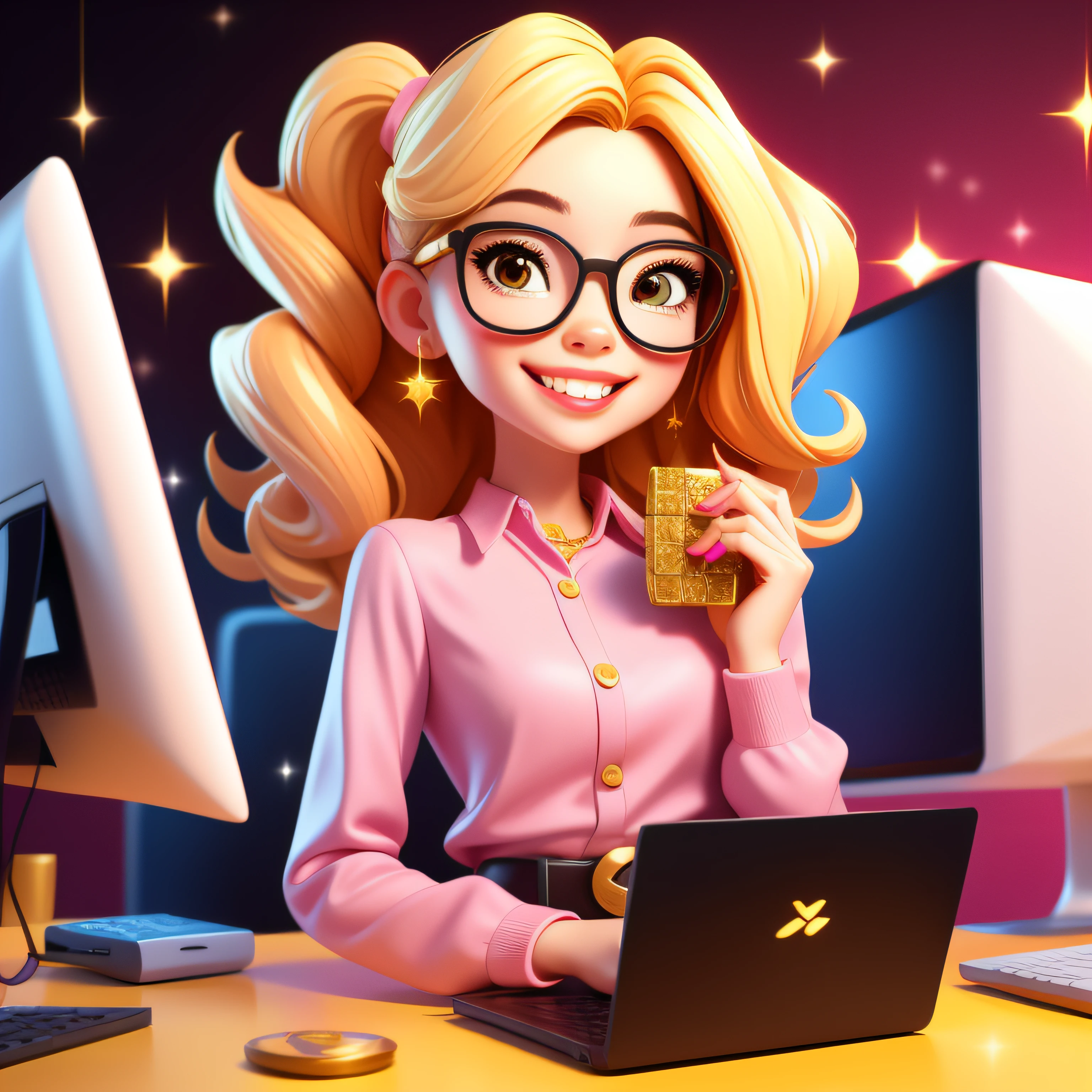 Lovely girl holding a computer in her hand, smiling mouth, wearing glasses, chic style. Pink shirt, blonde hair. Many gold coins glittered around.