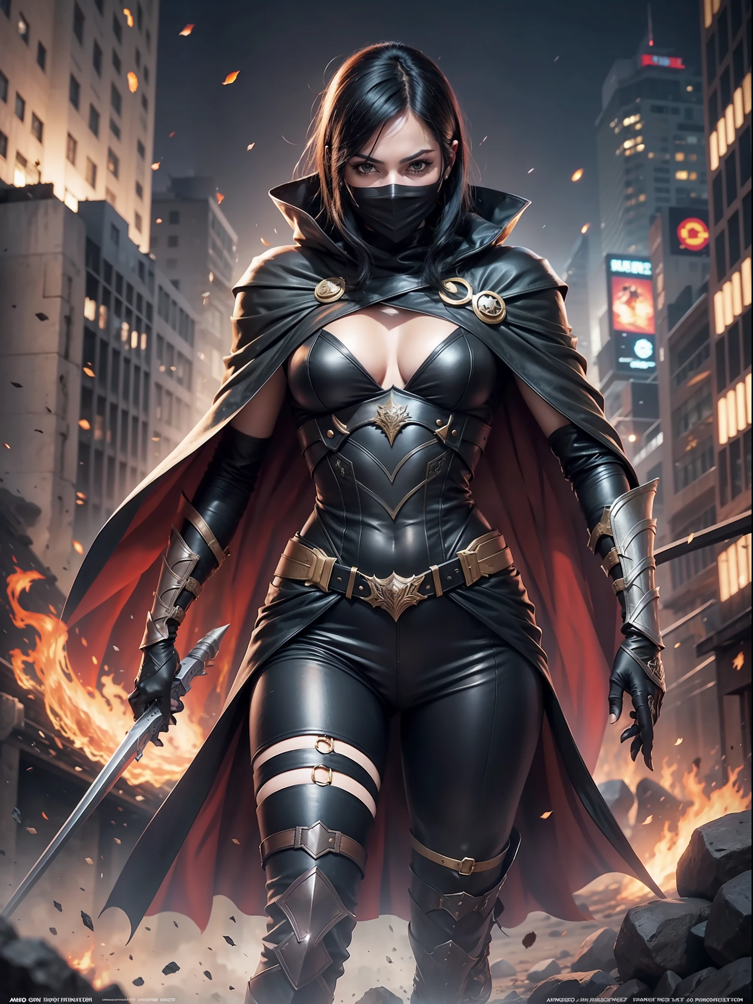 Masked Mere Black Hair Black Cape with Big Action Movie Poster, a andar