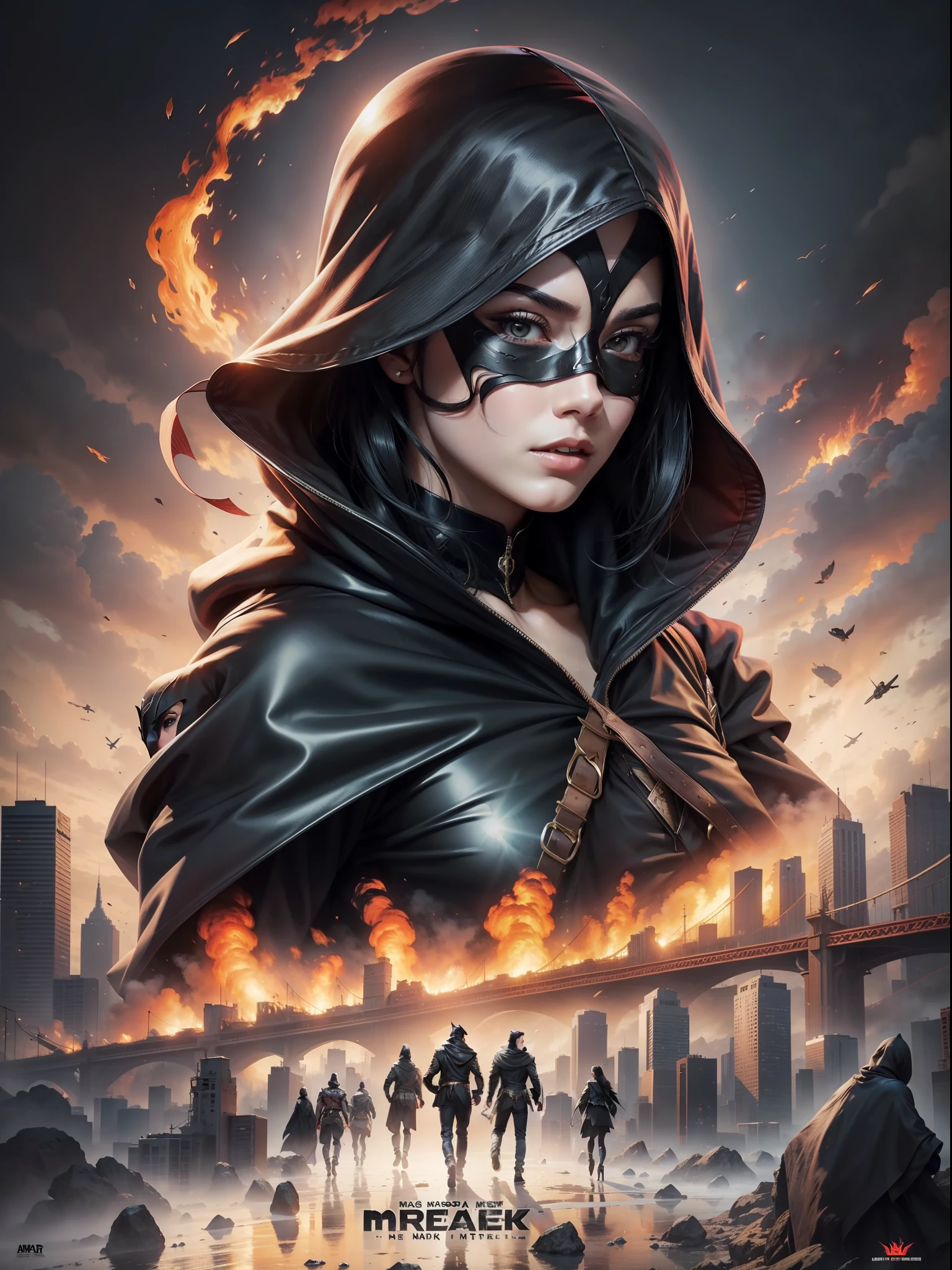 Masked Mere Black Hair Black Cape with Big Action Movie Poster, a andar
