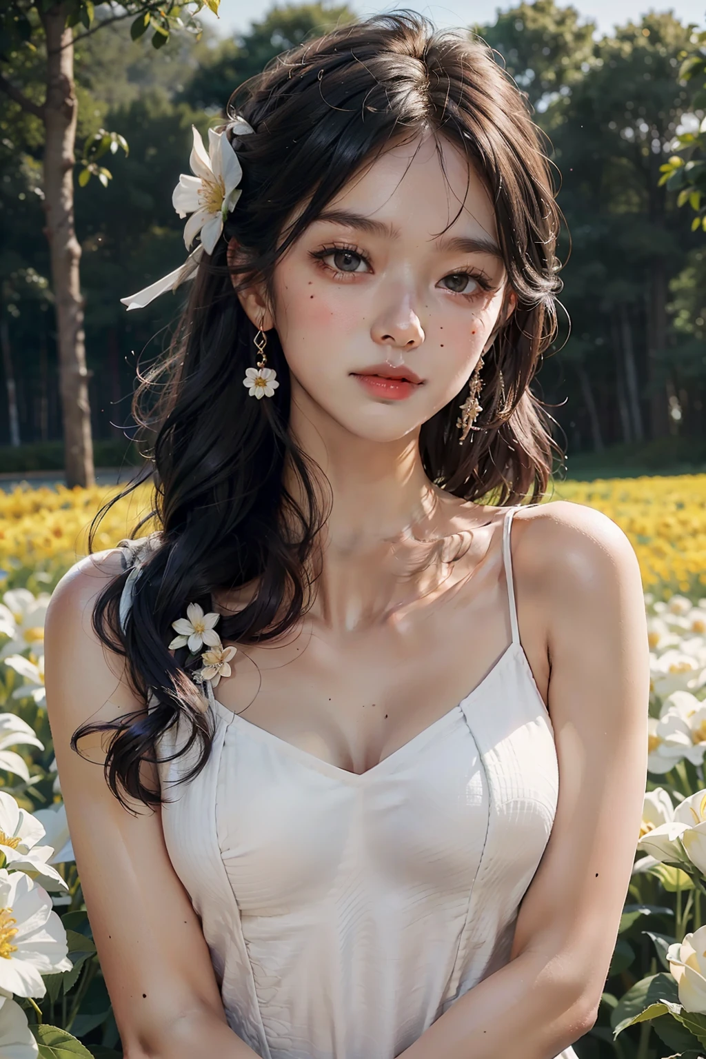 best qualtiy，tmasterpiece，超高分辨率，（真实感：1.4），RAW photogr，1girl，white dresses，cropped shoulders，blooming flower field，Glowing skin，Light smile，black hair, wavy hair, very long hair, jewelry, mole under eye, blush, UHD, masterpiece, anatomically correct, textured skin, high details