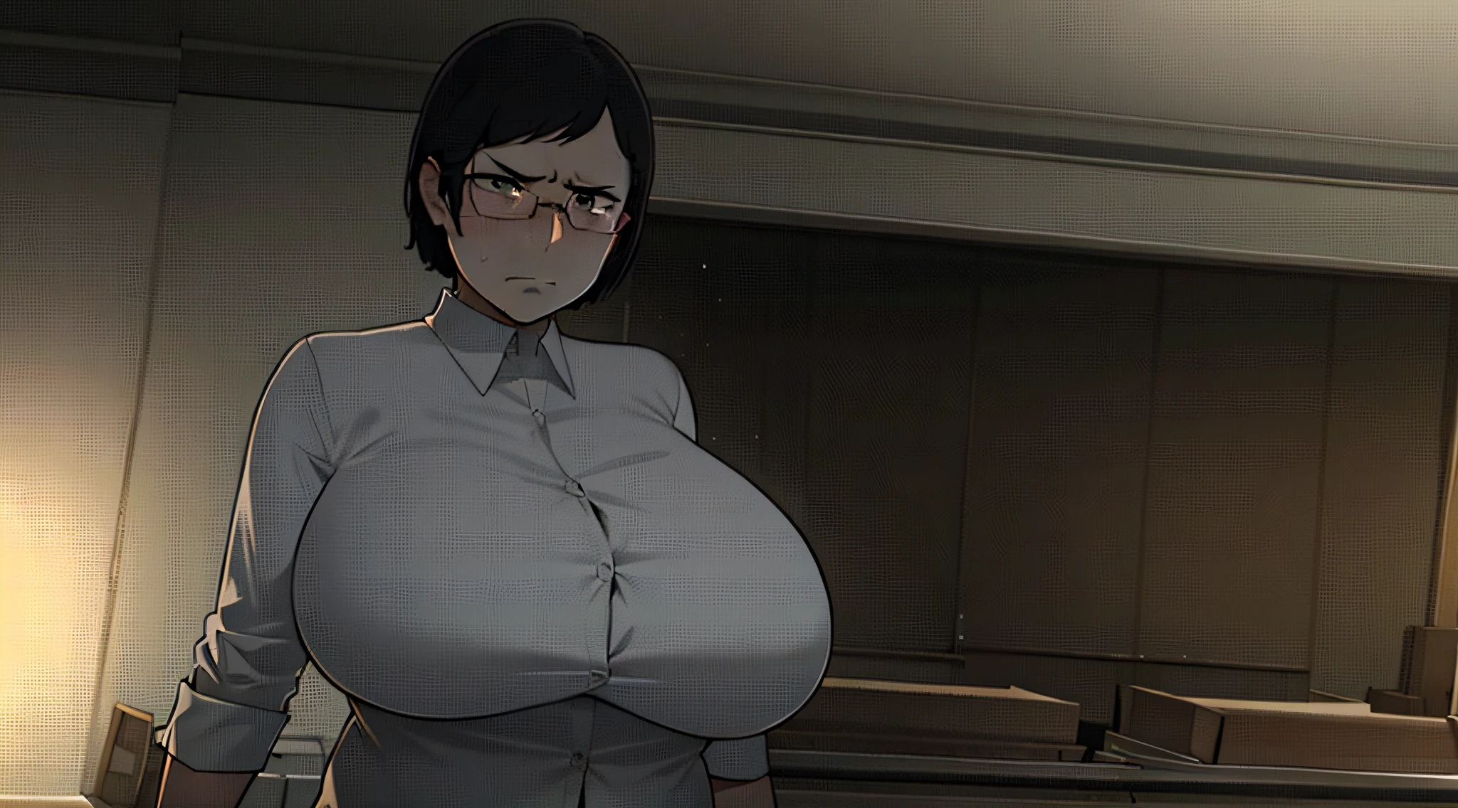 NTRman, cinematic lights, shadow, deep shadows, black hair, short hair, glasses, huge breasts, plump, angry