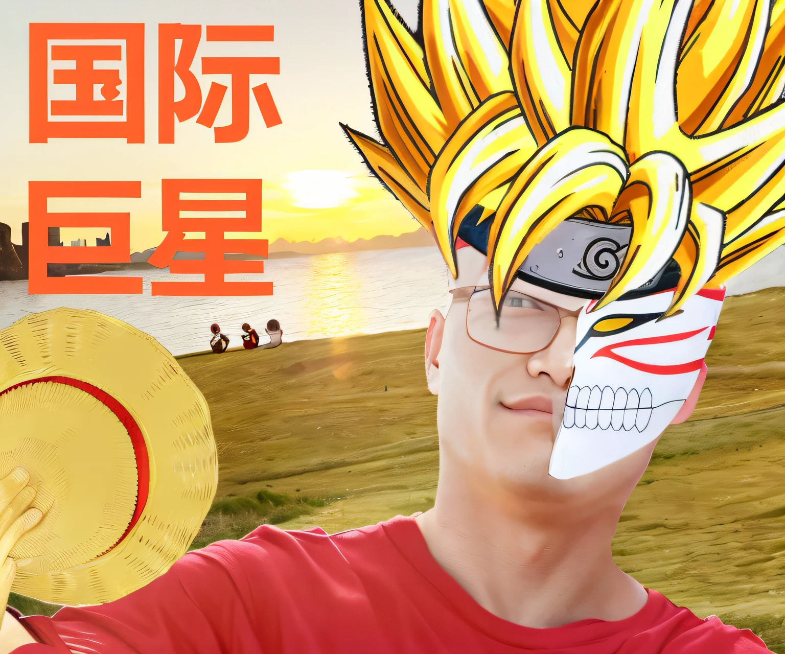 of a guy,Has《dragonball》The hair of the Super Saiyan Monkey King,Worn on the head《Naruto》Naruto's forehead,Half of the face is《shinigami》Ichigo Rikurosaki's mask,Have it on hand《One Piece》Luffy's straw hat,International superstar