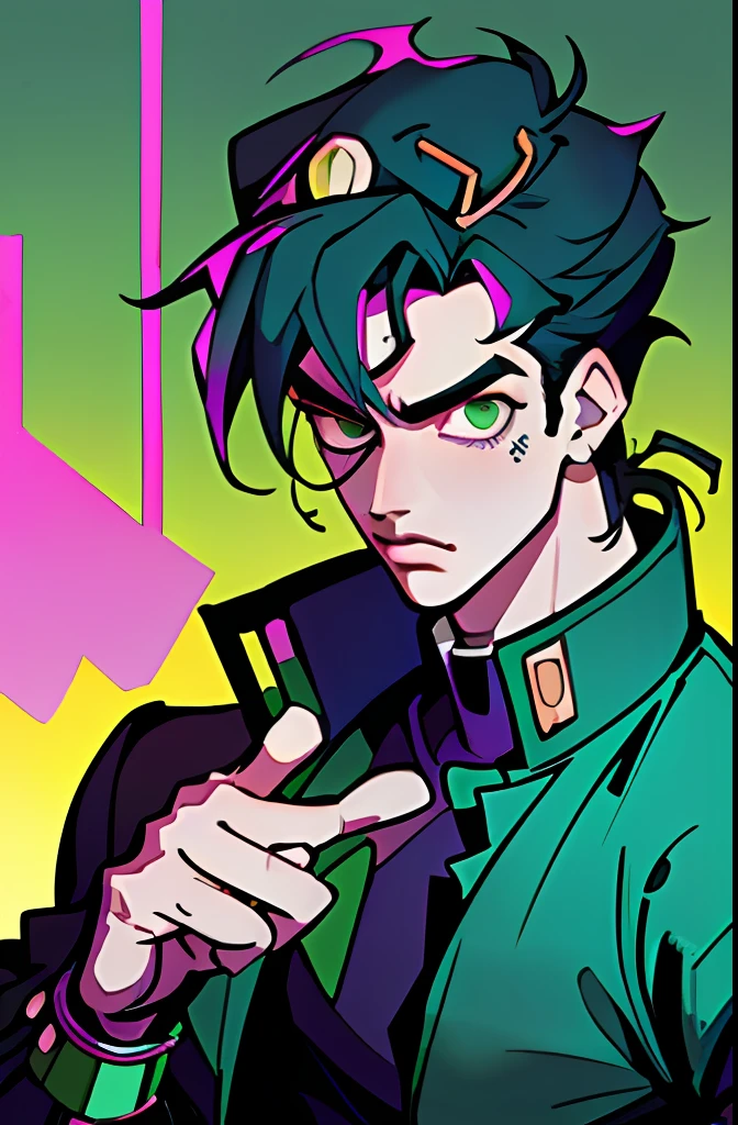 (best quality, masterpiece), ((cyberpunk style art)), (cyberpunk colores),1boy, jojo no kimyou na bouken, upper body, kujo jotaro, kujo jotaro's pose \(jojo\),