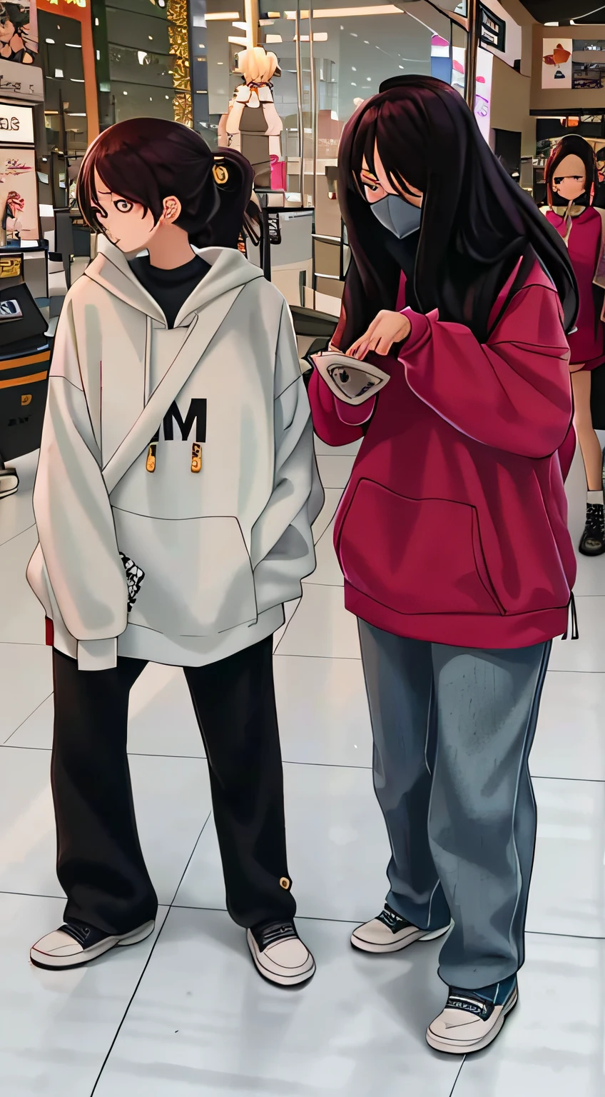 Two women standing in the mall looking at their phones, wearing an oversized hoodie, wearing hoodie, appearing in a shopping mall, Wearing a hoodie, in mall, wearing a hoody, two-color, wearing a hoody, girl wearing hoodie, trending on r/Street attire, She is seen wearing streetwear pieces, in a mall, hat and hoodie, hoodie oversized