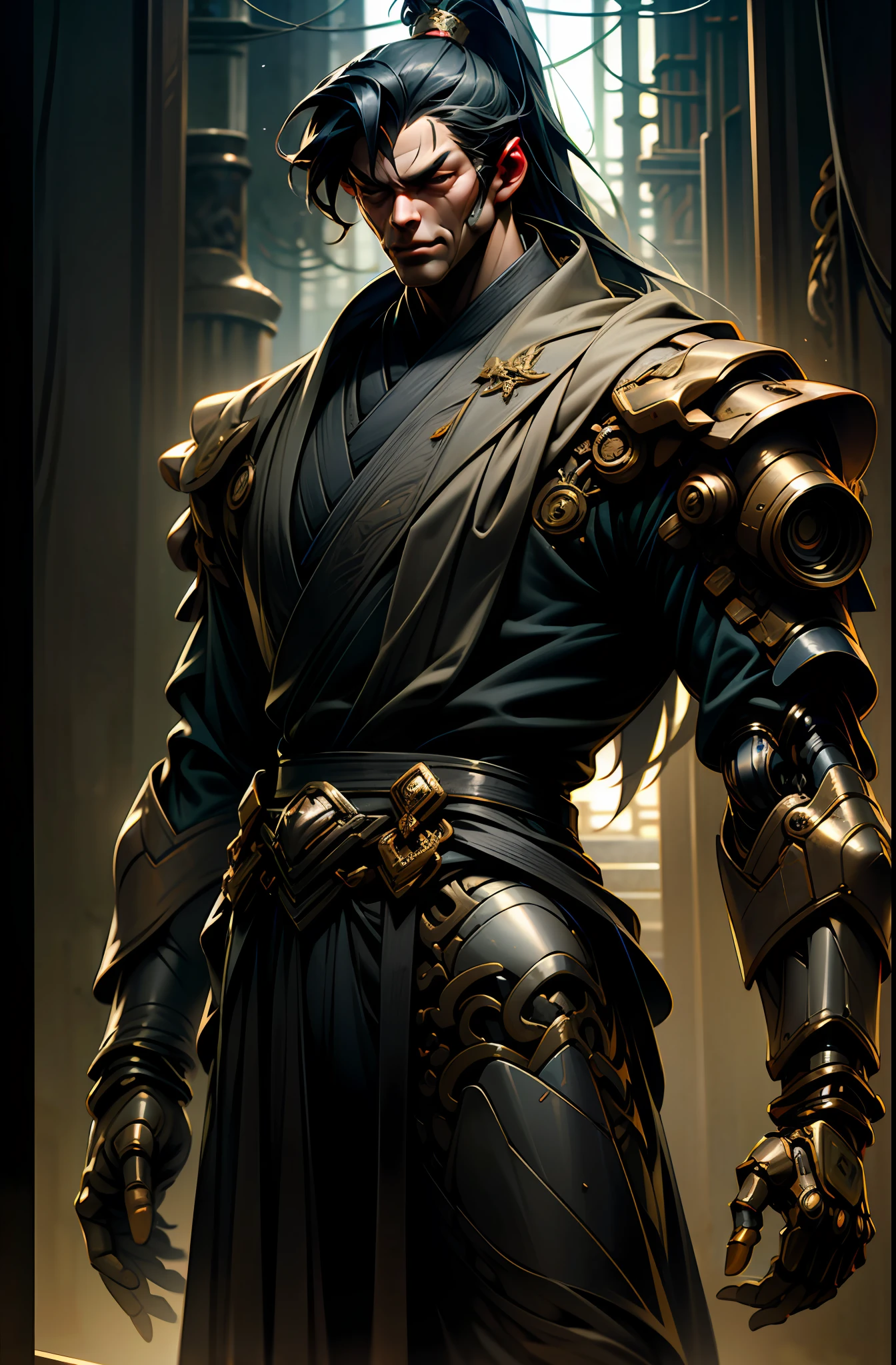 Dark_Fantasy,Cyberpunk,(chain saw,chain saw man,Red:1.1),1man,Mechanical marvel,Robotic presence,Cybernetic guardian, wearing a worn-out mech suit, intricate, (steel metal [rusty]), elegant, clear focus, shot by greg rutkowski, soft lighting, vibrant colors, masterpiece, ((street)), cowboy shot, dynamic pose,