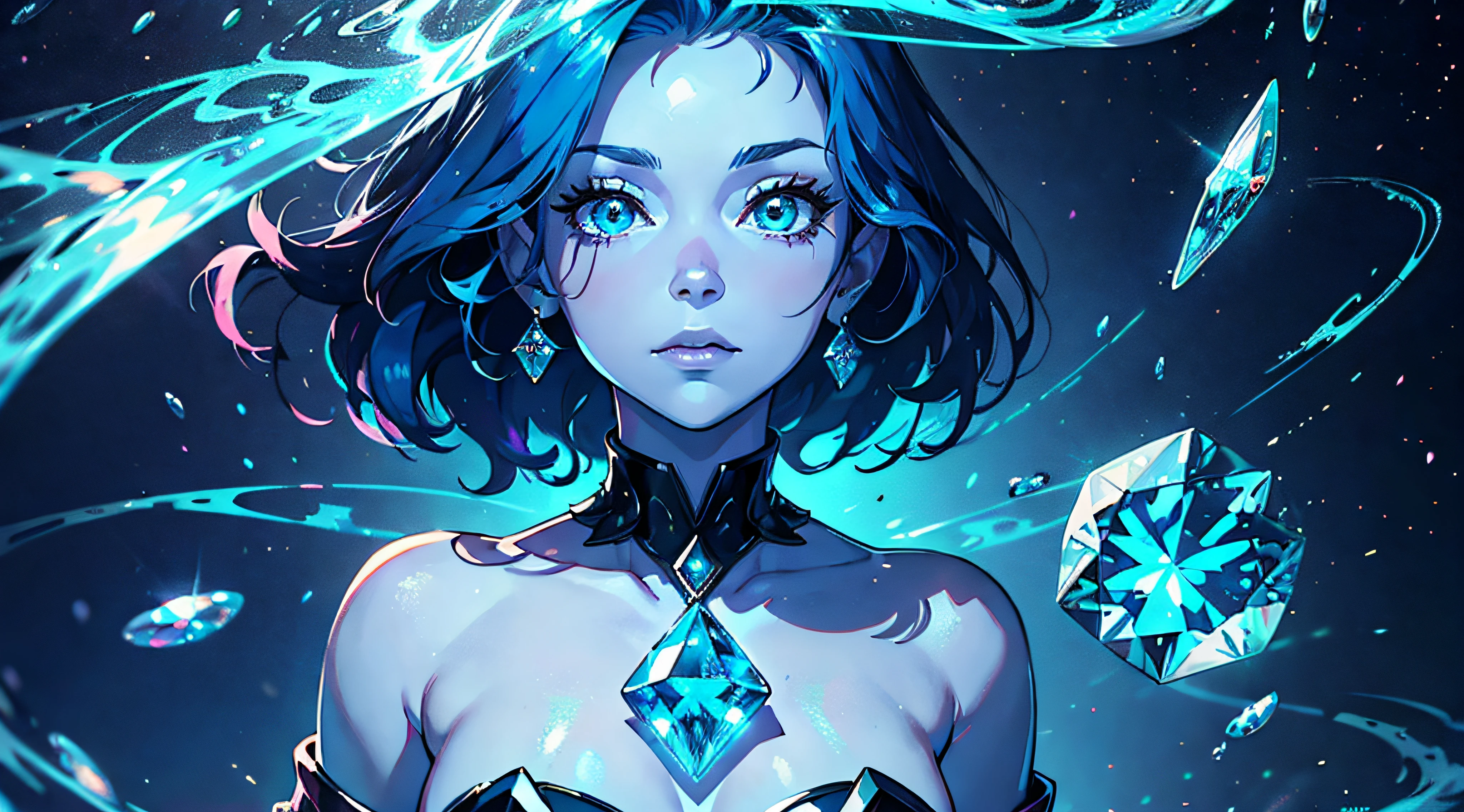 a cartoon of a woman with blue hair, blue diamond, she has pale blue skin!!!, blue diamonds, Steven Universe, Background art, like an atlantean, she has iridescent membranes, she has a diamond eye, sapphire, with blue skin, Giantess Art