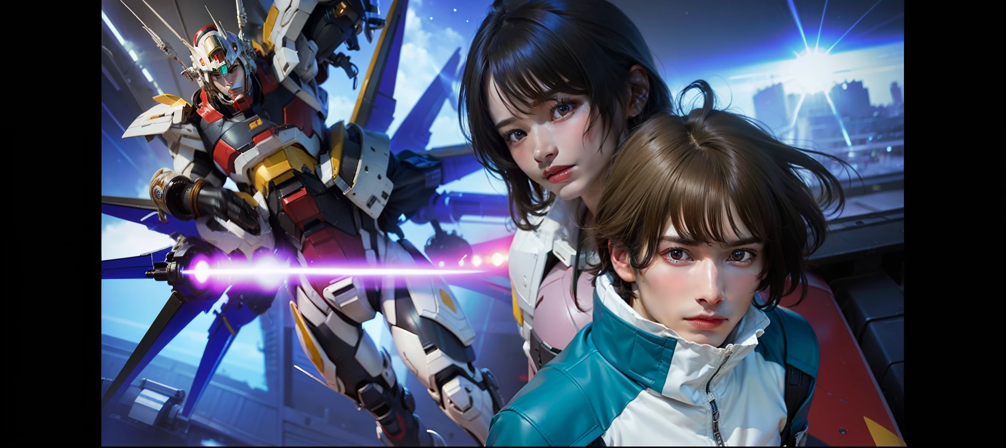 Best quality, masterpiece, ultra high res, (photorealistic:1.4) a 2(male:1.4), (caucasian:1.4), 2 male, detailed skin, detailed eyes, shiny skin, suit pilot, short hair, pilot space suit, pilot gloves white, detailed suit pilot, harajuku hair, straight hair, detailed hair, clean eyes, 2 gundam, detailed gundam, freedom gundam, justice gundam, detailed face, detailed gender