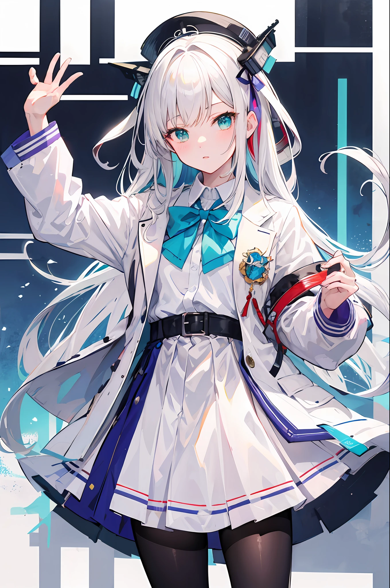 Masterpiece, Best quality, A high resolution, HMNGNM, Naganami \(kancolle\), multicolored hair, white hair ribbon, White jacket, Purple dress, school uniform, grey pantyhose, aqua bowtie, Long sleeves, Cowboy shot, Stand outdoors,