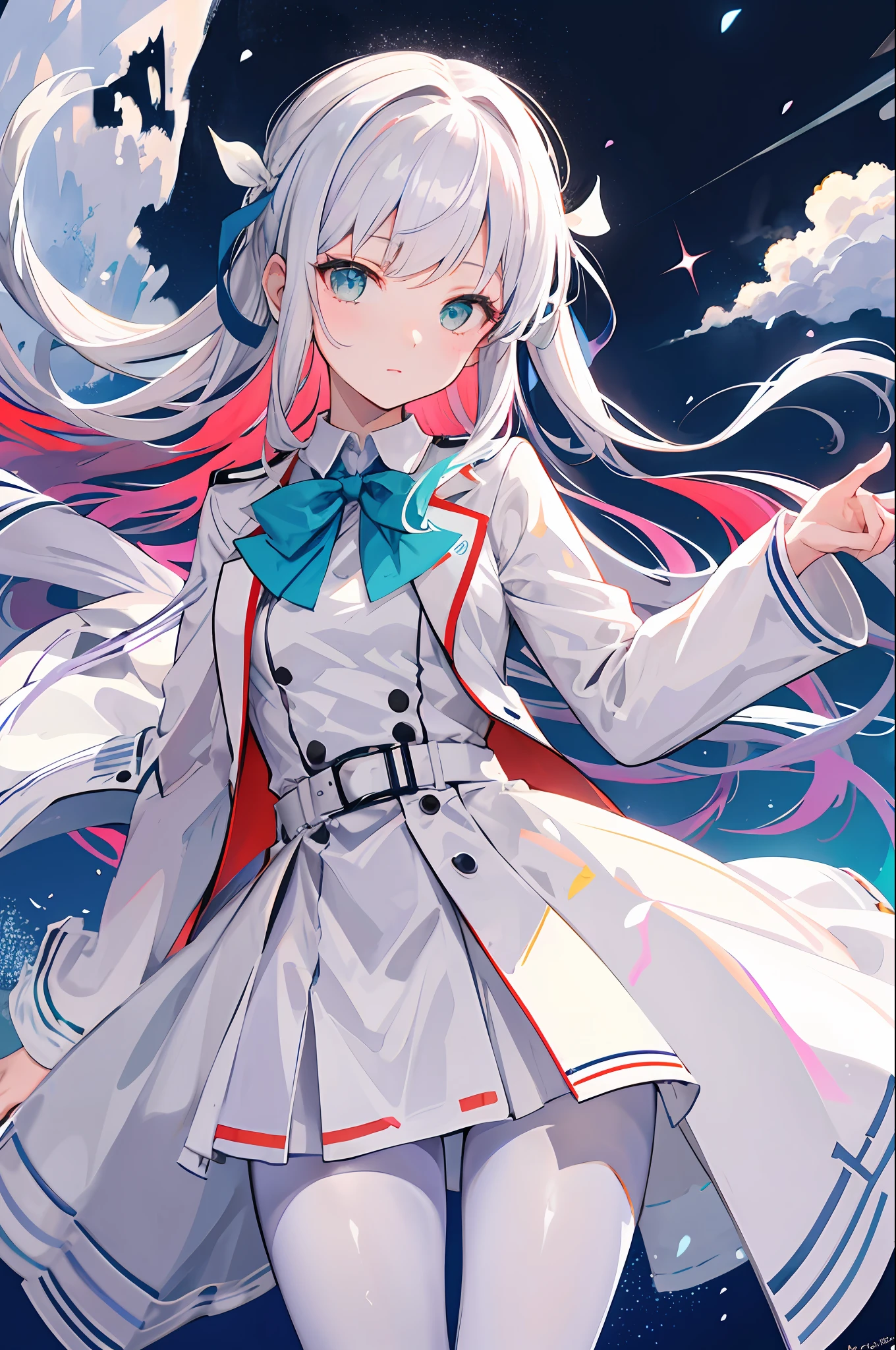 Masterpiece, Best quality, A high resolution, HMNGNM, Naganami \(kancolle\), multicolored hair, white hair ribbon, White jacket, Purple dress, school uniform, grey pantyhose, aqua bowtie, Long sleeves, Cowboy shot, Stand outdoors,