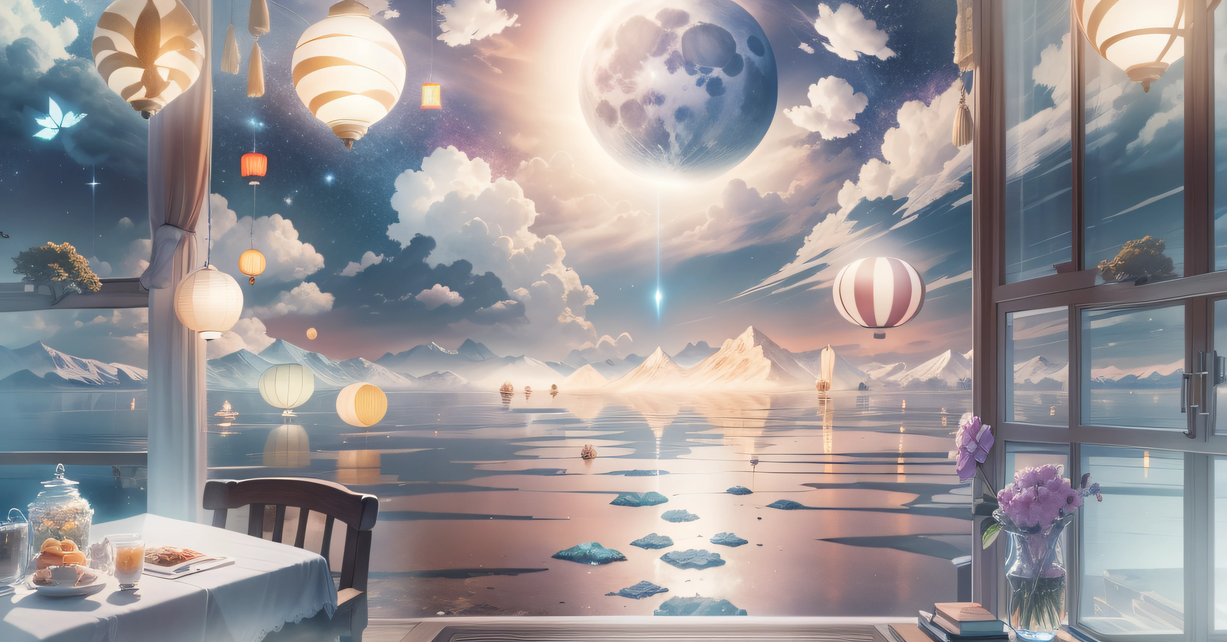 tmasterpiece，Best quality at best，（Very detailed CG unity 8K wallpaper），（Best quality at best），（The best illustrations），paper lanterns、China-style、inside in room，Panoramic window sills、（Huge Full Moon、super moon、In the middle of thepicture）、Far Mountain、Cloud、aquarelle、lakes、As estrelas、meteors、poster for、（glowworm），butterflys，（with light glowing），（Particle effect）， Isometric 3D, Octane rendering, Ray traching, ultra-detailliert