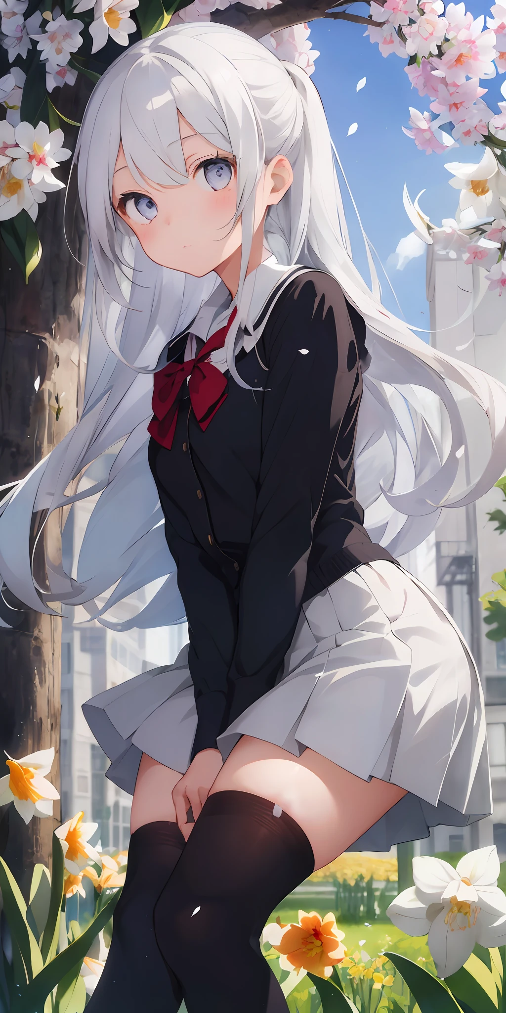 1girl, beautiful detailed eyes, long white hair, light grey eyes, school uniform, high white stocking, lustrous skin, flower, daffodil, hyacinth, falling petals, , high contrast, ((masterpiece, best quality))