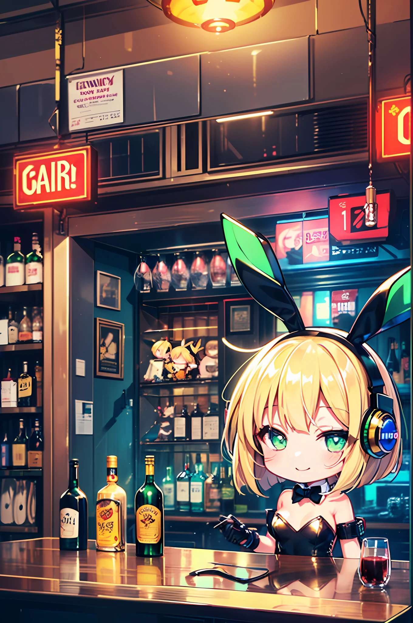 (Chibi:1.3), (half closed eyes, green eyes), (beautifully detailed eyes), Happy smile, (mechanical bunny girl: 1.3), (golden leotard: 1.1), rabbit ears, rabbit tail, headphone, (blonde hair, bob cut), cyberpunk, (bar), counter, wine, whiskey, bourbon, neon signboard, (Nendoroid),
