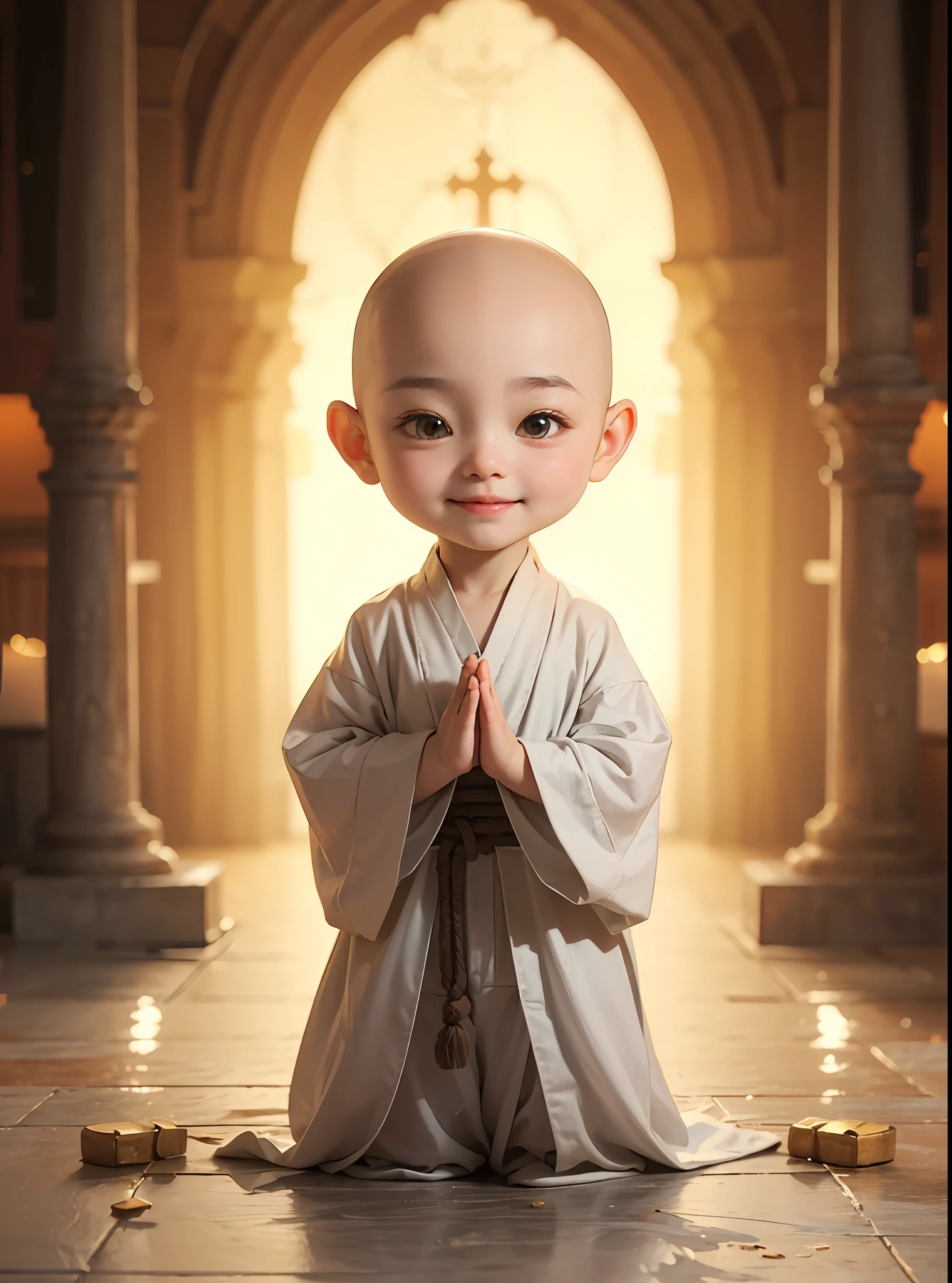 A 3-year-old bald monk,Wearing a white monk's robe,Chubby little face,Big round eyes,A High Bridge of nose,With a smile,had his hands folded,Sit cross-legged。Lotus pattern on background。k hd
