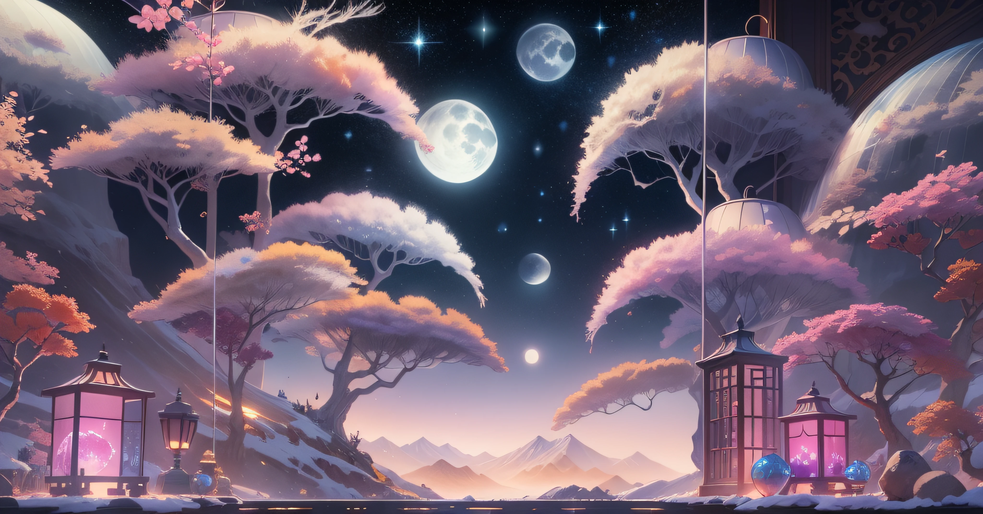 tmasterpiece,Best quality at best,(Very detailed CG unity 8K wallpaper),(Best quality at best),(The best illustrations),paper lanterns、China-style、inside in room,Panoramic window sills、(Huge Full Moon、super moon、In the middle of thepicture)、Far Mountain、Cloud、aquarelle、lakes、As estrelas、meteors、poster for、(glowworm),butterflys,(with light glowing),(Particle effect), Isometric 3D, Octane rendering, Ray traching, ultra-detailliert
