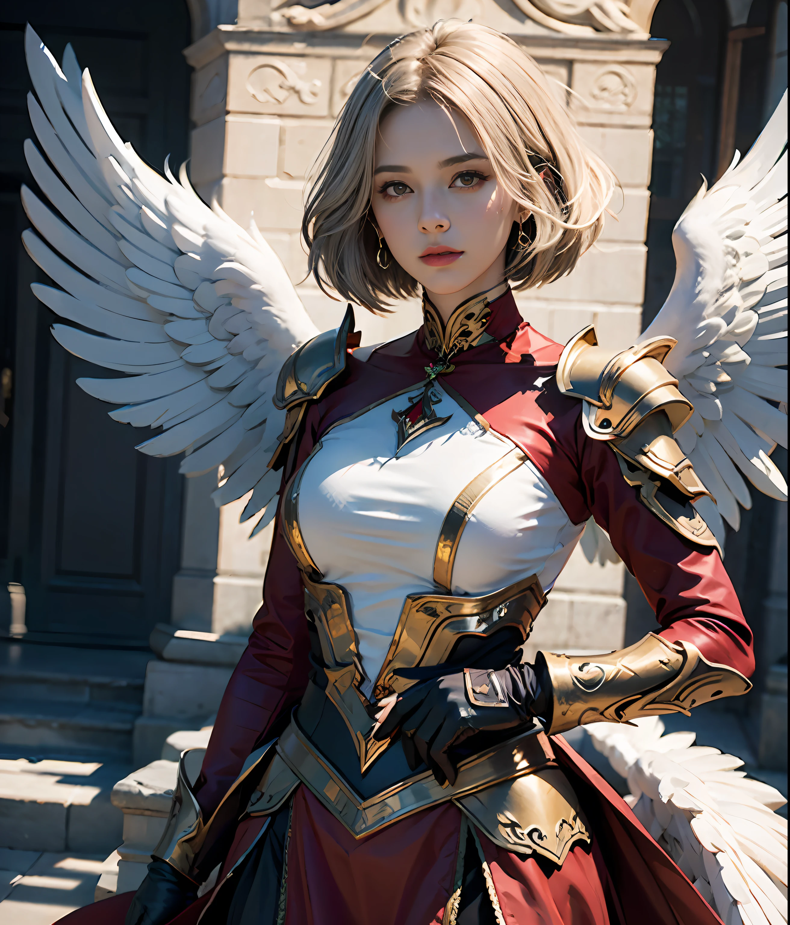 Beautiful woman with angel wings，Exudes an aura of fanatical power, legion of heaven, Red and gold armor，Red long-sleeved dress，defender of faith，god light,（tmasterpiece：1.4），（best qualtiy：1.4），（Beautiful angel girl，Super detailed face，Short white hair， Hair is scattered，（angel wing： 1.4），（full bodyesbian），The sheen， Bokeh， Ultra-detailed RAW photos，best qualtiy），（realisticlying，photograph realistic：1.3），best qualtiy，highly  detailed，tmasterpiece，Hyper-detailing，illustratio，dynamic angle，A world-class masterpiece，best qualtiy，extremaly detailed cg，8k wallpaper，cinmatic lighting，Lens flare，Dunhuang style