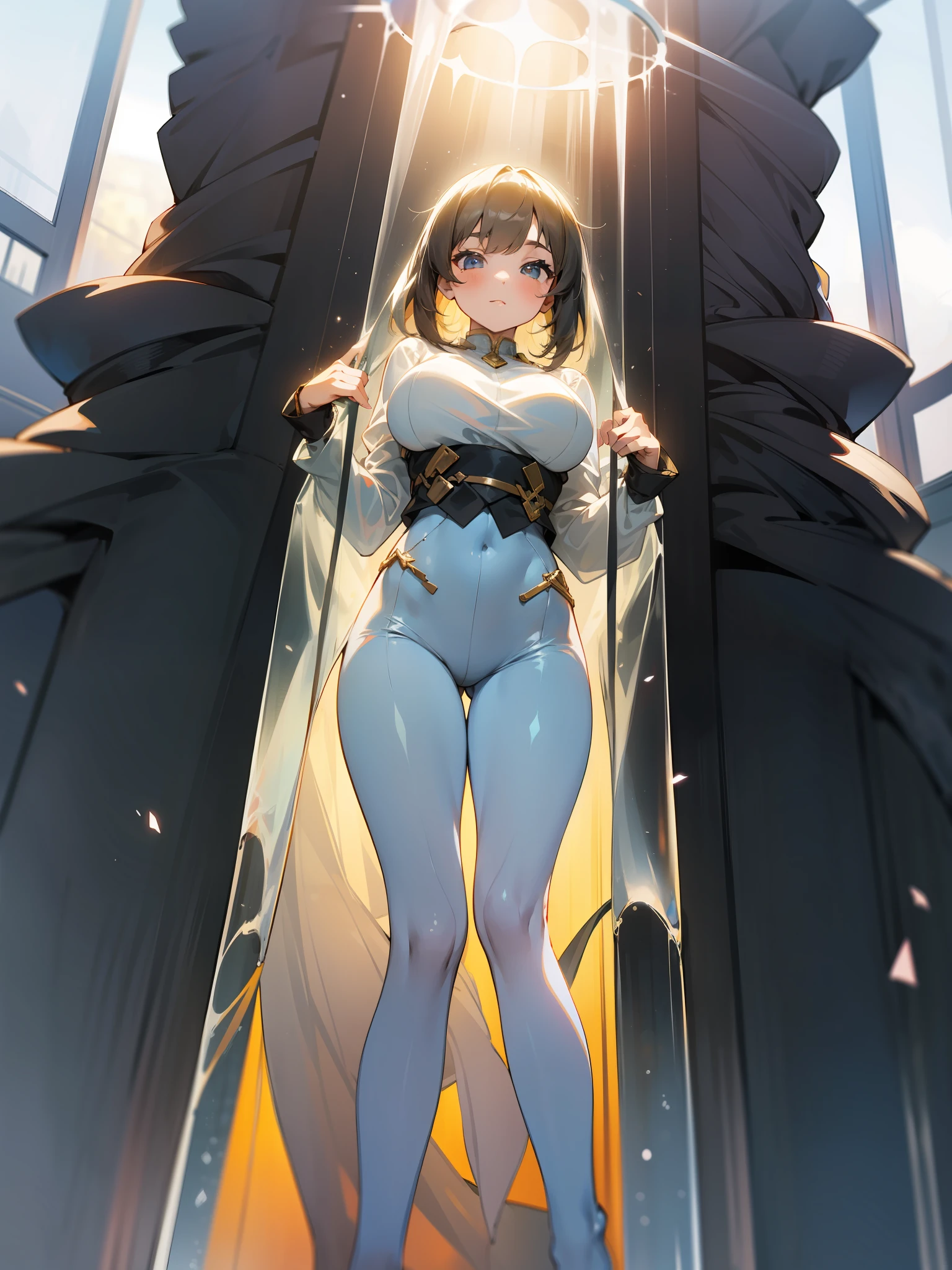 A young human girl holds her huge in her hands,see-through transparent clothes