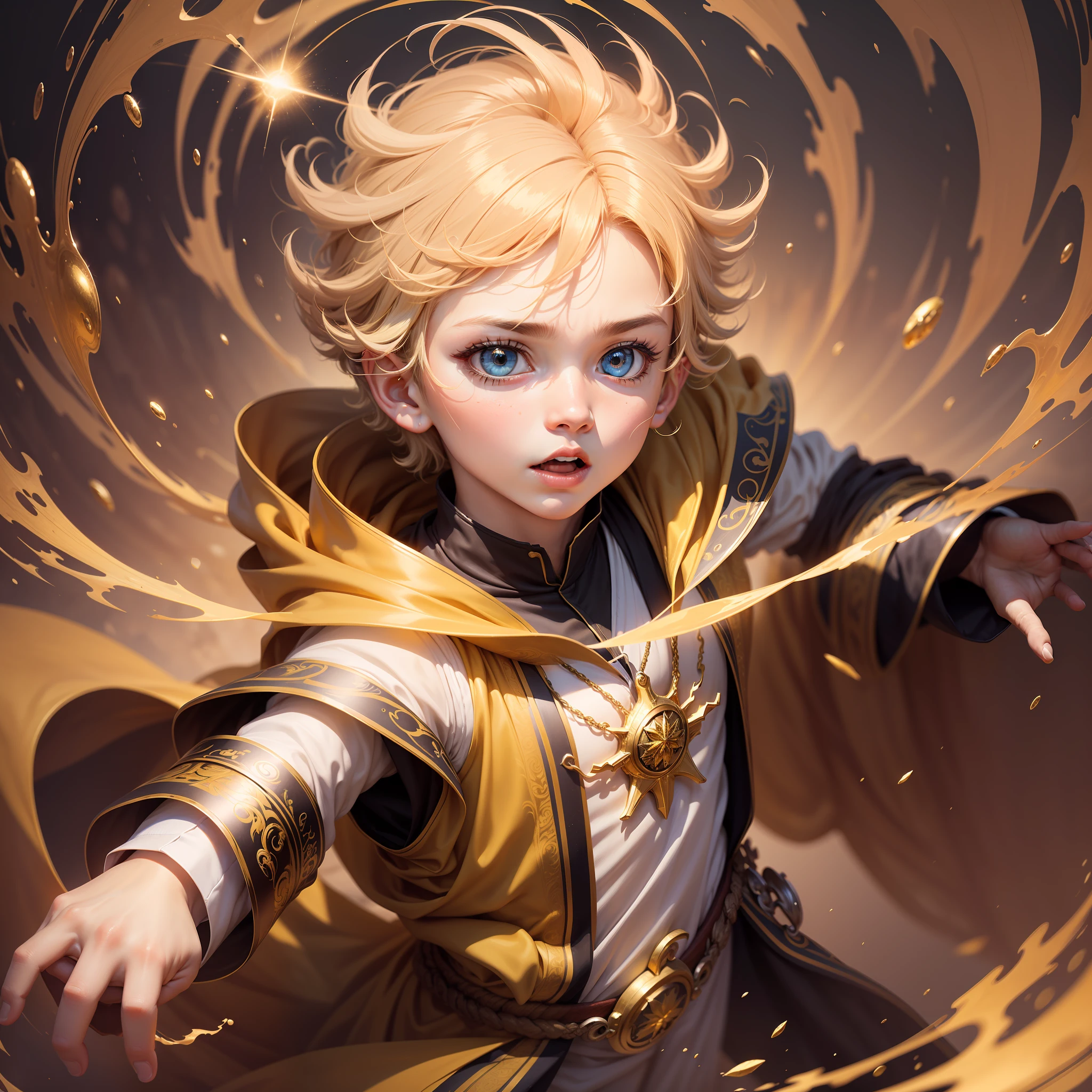 Splash screen, Swirling background, dynamic scene, 1boy, , Young mage, (face, wide-eyed:1.5), Elegant and gorgeous gold robe, magic, fantasy, (Yellow_Theme:1.2), Holy light, Light_Rays