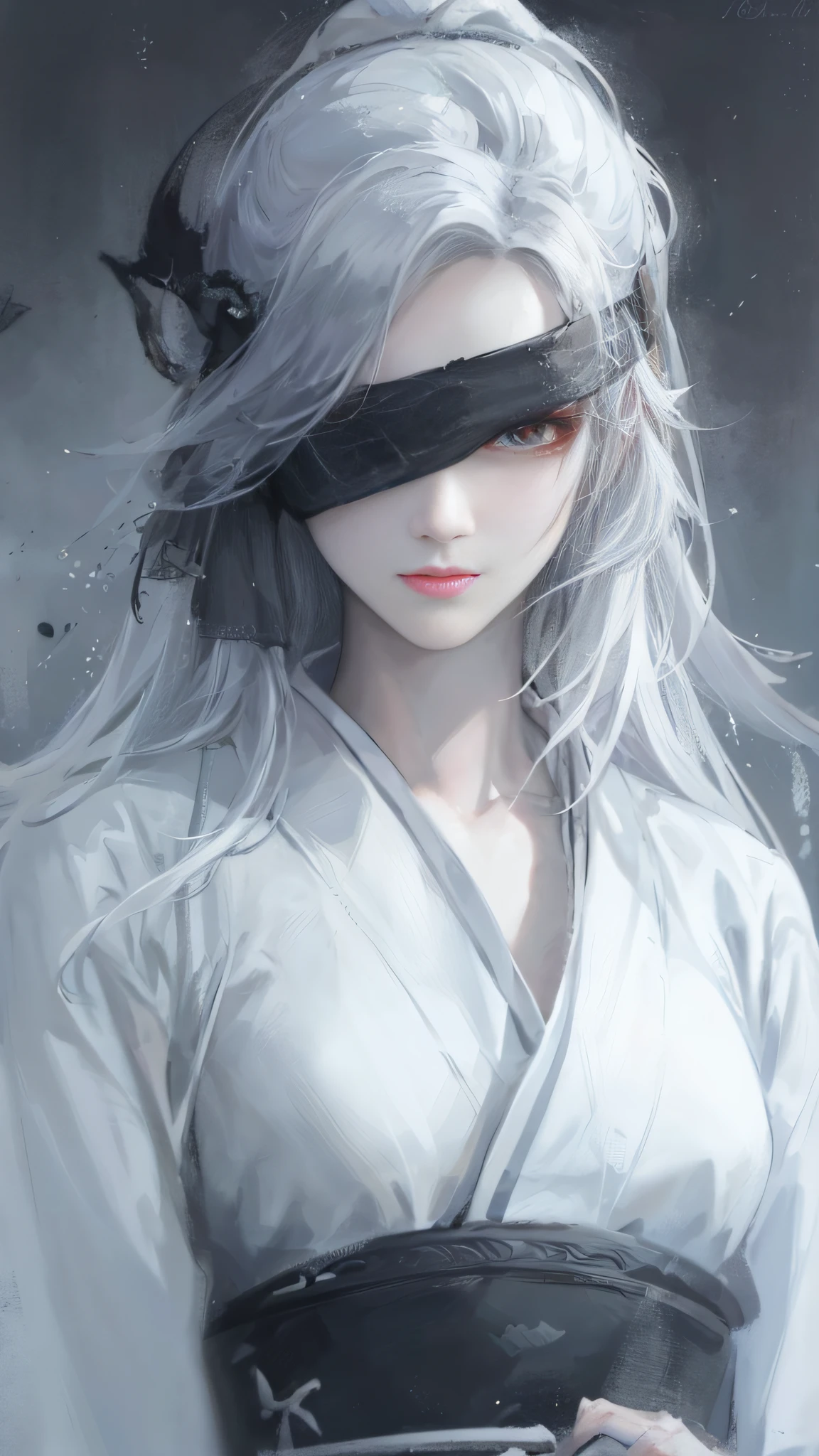 close-up of a woman with white hair and white mask,Belle peinture de personnage,Red headband,Light,Guviz,Guviz-style artwork,white-haired god,Yang J,Epic and beautiful character art,Stunning character art,FAN Qi,Wu Zhun Shifan,Guvitz at the Pixiv Art Station