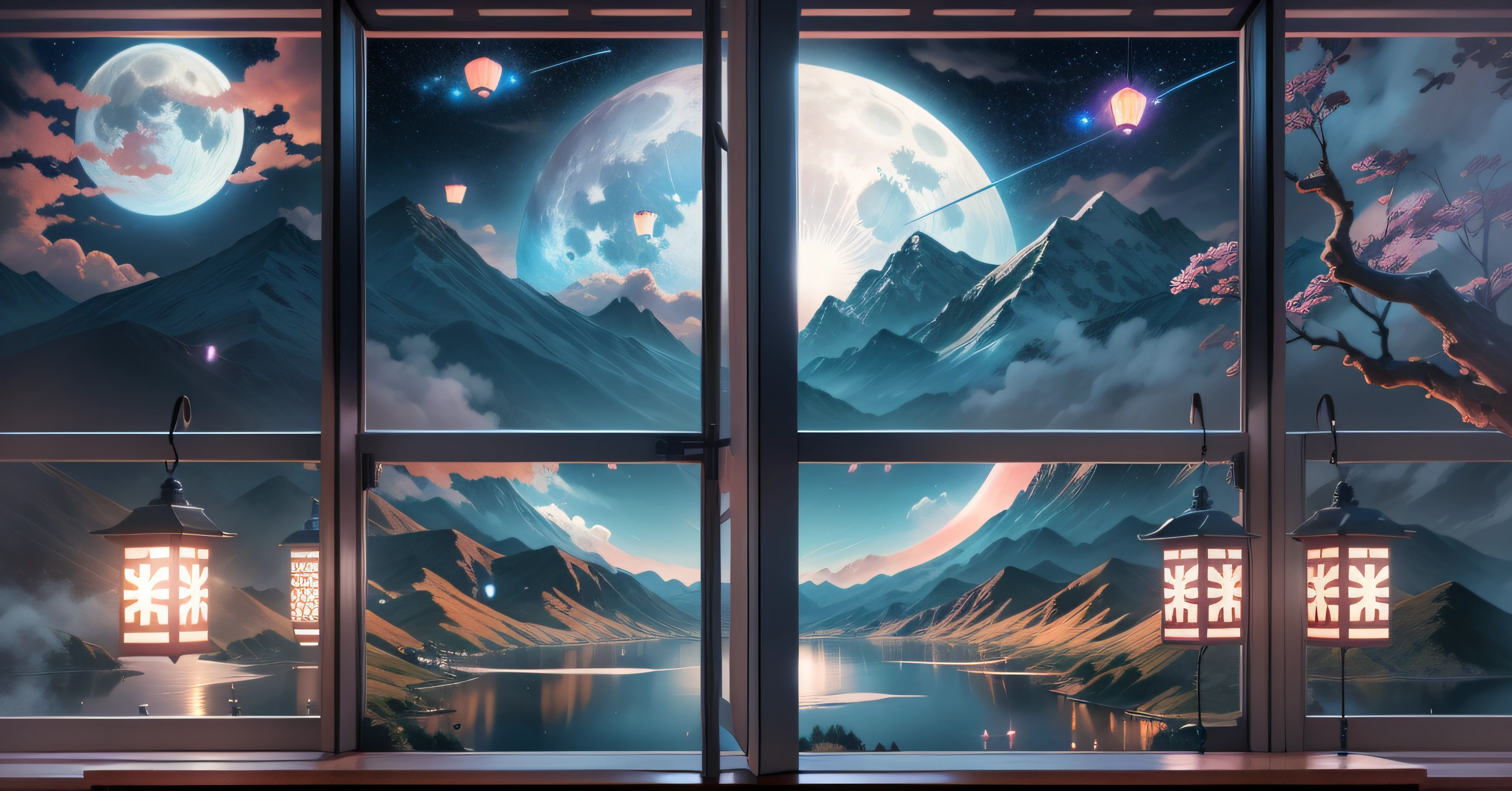 tmasterpiece,Best quality at best,(Very detailed CG unity 8K wallpaper),(Best quality at best),(The best illustrations),paper lanterns、China-style、inside in room,Panoramic window sills、(Huge Full Moon、super moon、In the middle of thepicture)、Far Mountain、Cloud、aquarelle、lakes、As estrelas、meteors、poster for、(glowworm),butterflys,(with light glowing),(Particle effect), Isometric 3D, Octane rendering, Ray traching, ultra-detailliert