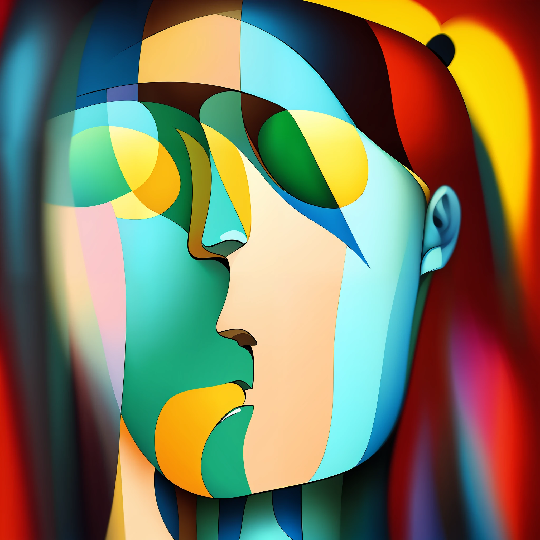 solo, portrait, cubism, (TogaHimiko:0.8), yellow hairbun, green and yellow skin color, facepainting, surreal, abstract, face focus, [profile | front : 10],