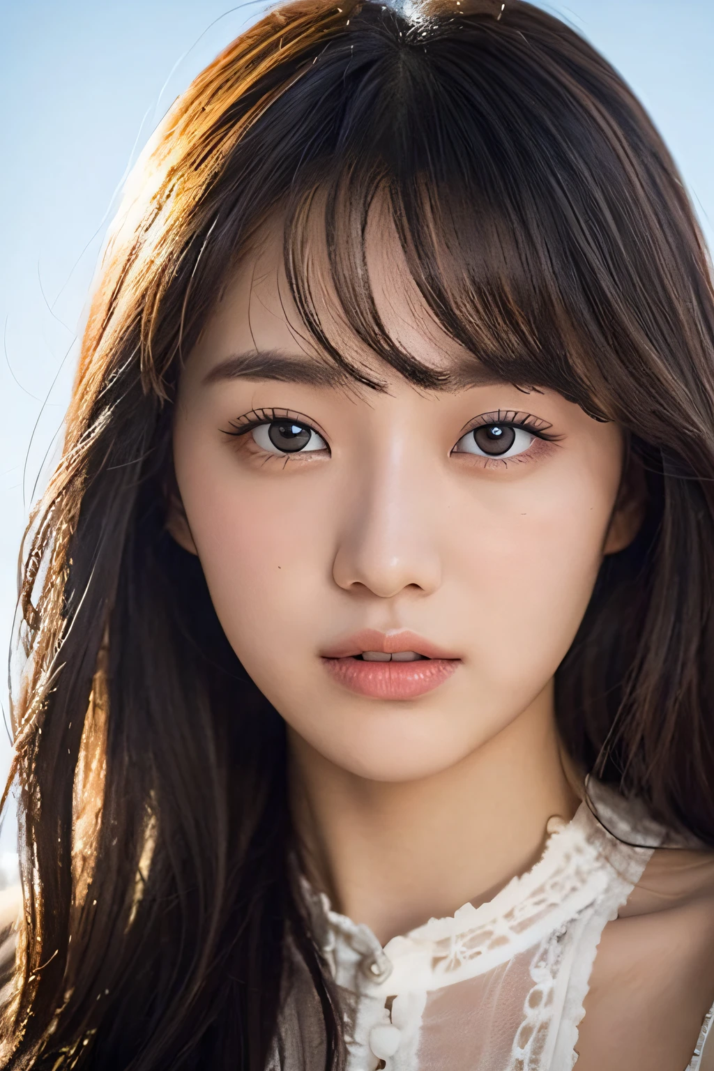 (detailed and realistic portrait of a girl with a clean face), (round eyes and long flutters hair shot outside),staring at camera,magical photography, dramatic lighting, photo realism, ultra-detailed,
intimate portrait composition, (centered image composition),(close up shot:1.6),best quality,f/1. 8, 85mm,
(28years asian woman), black_hair,(black_eyes:1.2),(bangs),makeup,white_dress,
(hazy blue_sky_background)