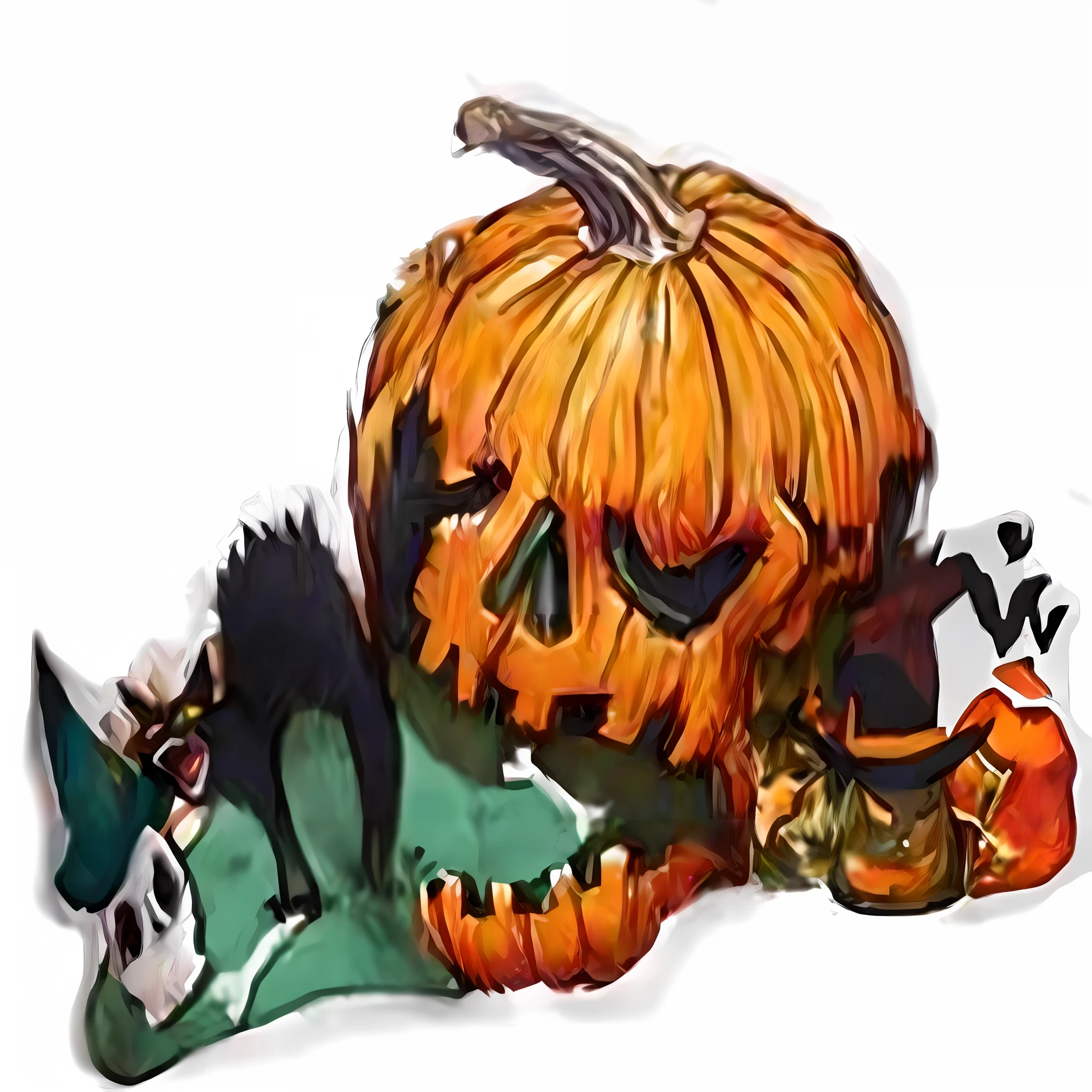 A high resolution,white backgrounid,high light,handpainted,quadratic element,sketching,illustration,ultra - detailed,Pumpkin with an open mouth,catss,skelleton,letter,Green lawn,2D,halloween