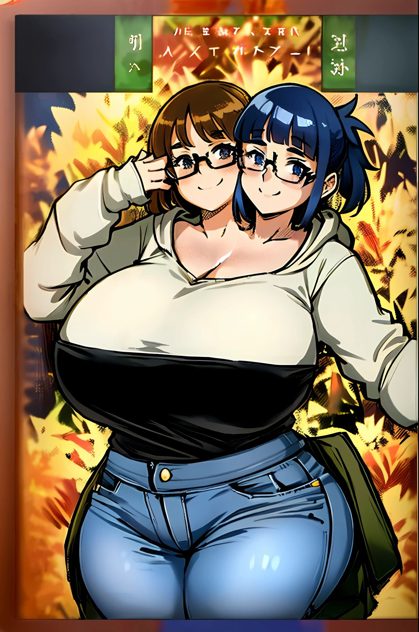 2heads, a short chubby woman with 2 heads. She has enormous breasts. She is nerdy. She is outdoors in the autumn. She has gigantic breasts. She is wearing a baggy hoodie and jeans. Her breasts are enormous. She looks happy. Her breasts are very round and firm. Her breasts are disproportionately large compared to the rest of her body.