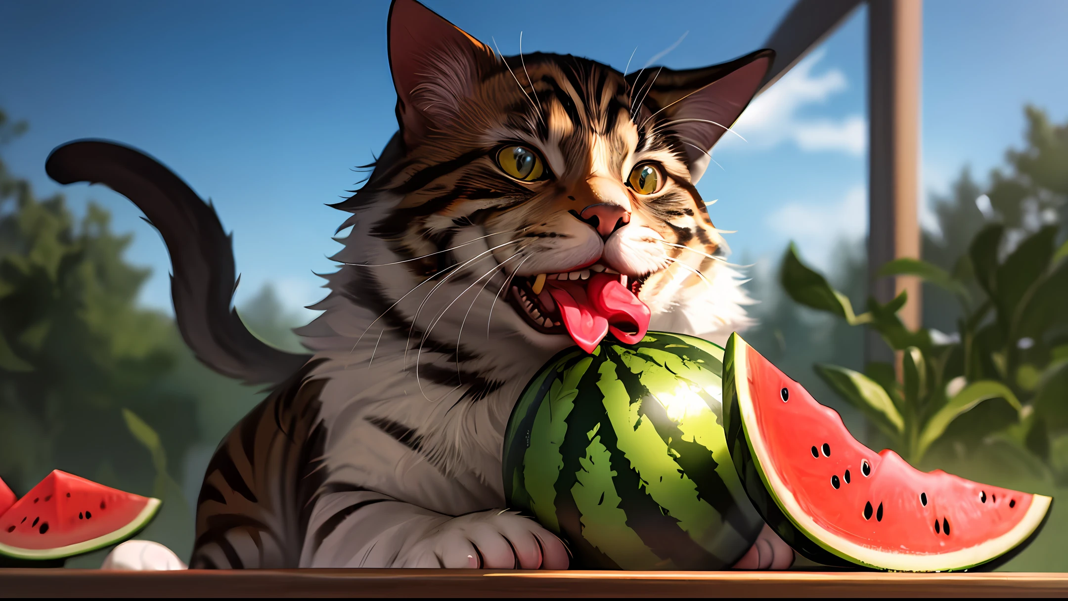 The cat is eating watermelon,The dog is watching from the side