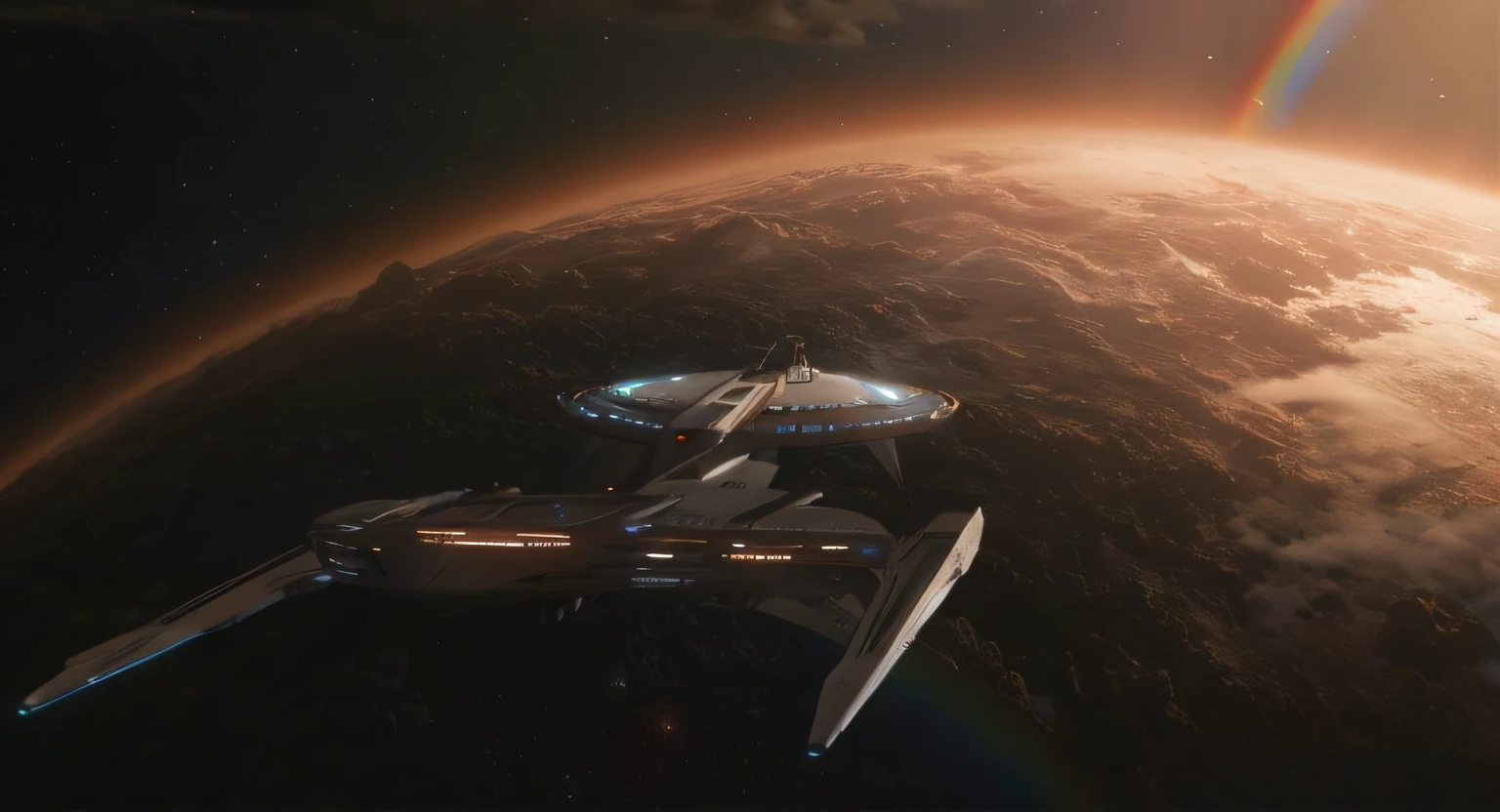 Spaceship flying over a planet with a rainbow in the background, tiro largo de uma batalha de naves espaciais, Efeitos visuais impressionantes, Star Trek setting, USS Empresa, Starship no fundo, cinematic scifi shot, O Orville, de Star Trek 2021, filme ainda de Star Trek, detailed cinematic shot, an epic space ship scene, Empresa Starship, Ainda de Star Trek