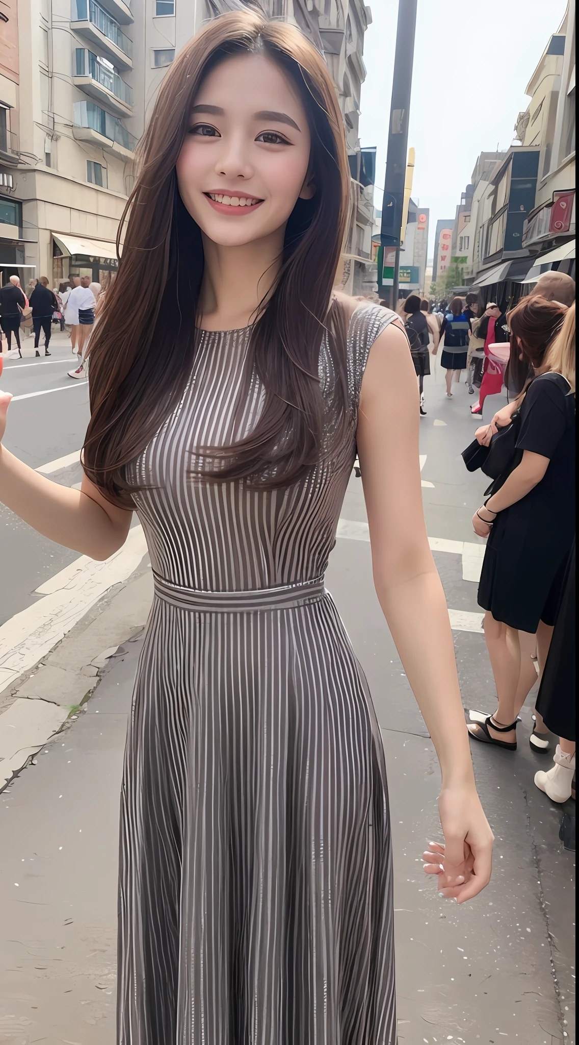 ((Best quality, 8k, Masterpiece :1.3)), 1girl, smiling, full body, slim face, Pretty woman, (Dark brown hair), full length dress :1.1, Ultra-detailed face, Detailed eyes, Double eyelid, blur background, slim face, city, outside, street,