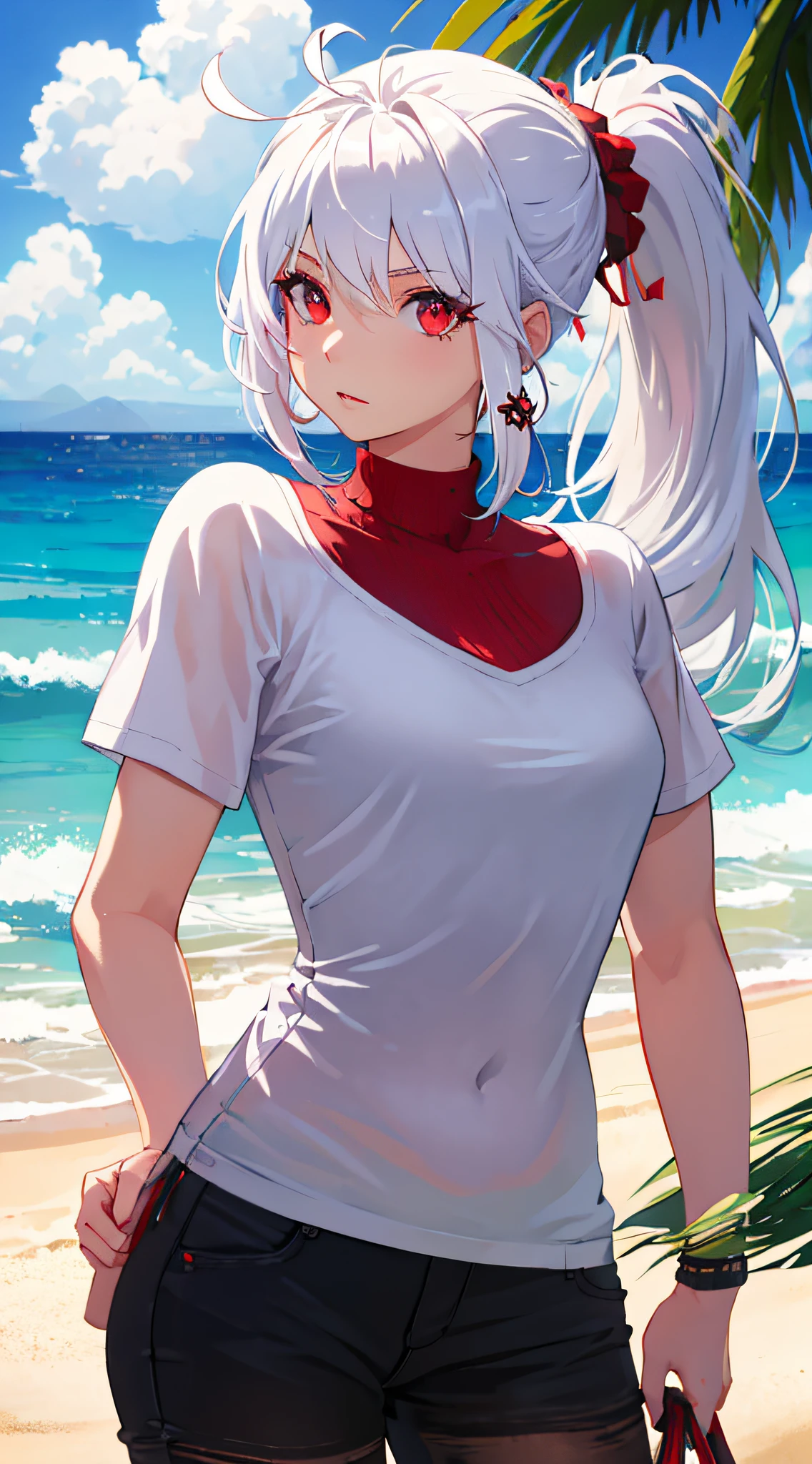 (((masterpiece))),(((best quality))),(((extremely detailed))),illustration, 1girl,solo,mysterious,vivid color,shiny,white hair,ponytail,red eye,beach