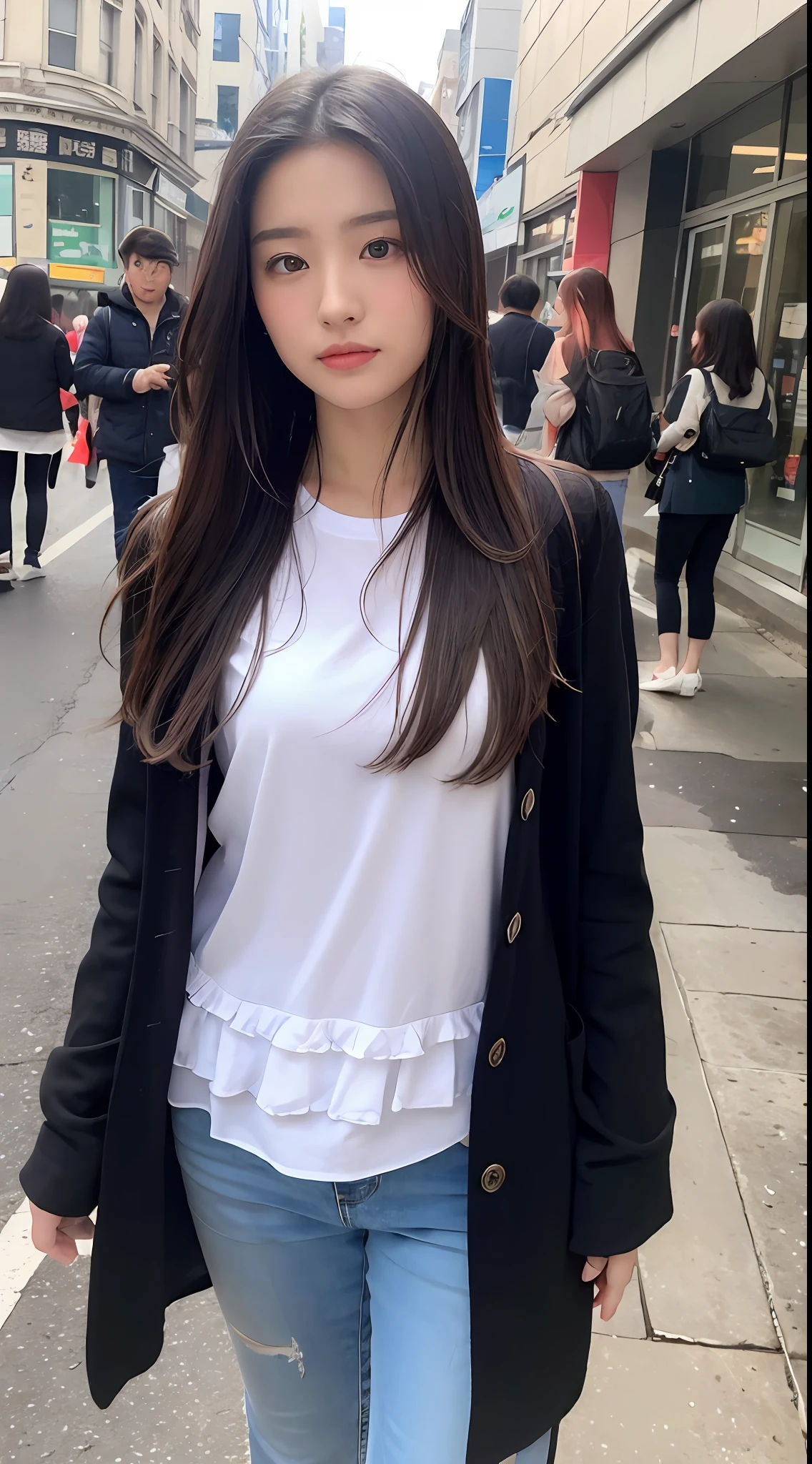 ((best qualtiy, 8k, tmasterpiece:1.3)), sharp:1.2, perfect figure beautiful woman:1.4, Slim abs:1.2, ((Layered Hair Style:1.2)), (Long shirt with wet white buttons：1.1），（the street：1.2），Highly detailed facial and skin texture，A detailed eye，二重まぶた，looks into camera