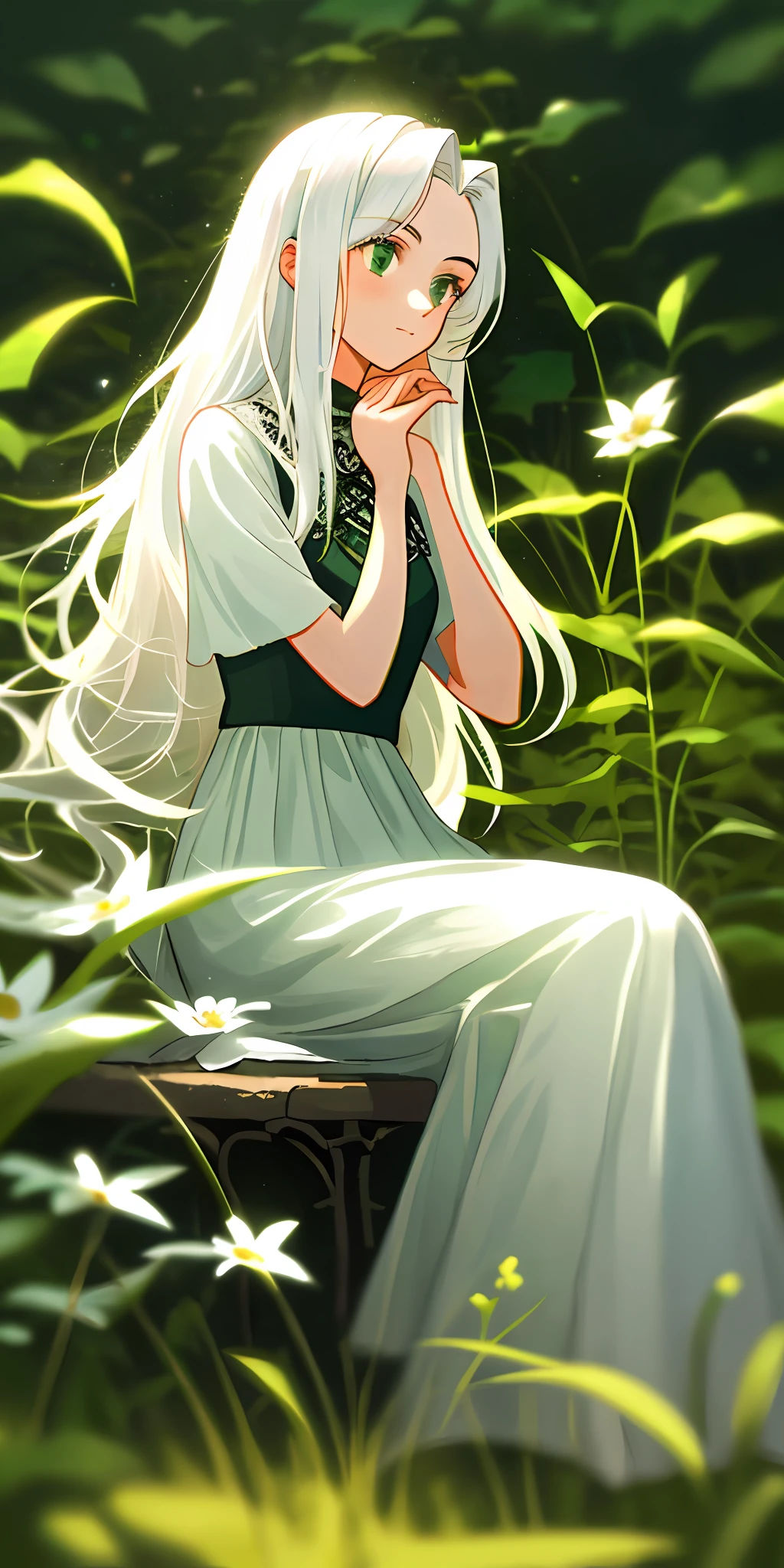 (masterpiece, best quality),1girl with long white hair sitting in a field of green plants and flowers, her hand under her chin, warm lighting, white dress, blurry foreground
