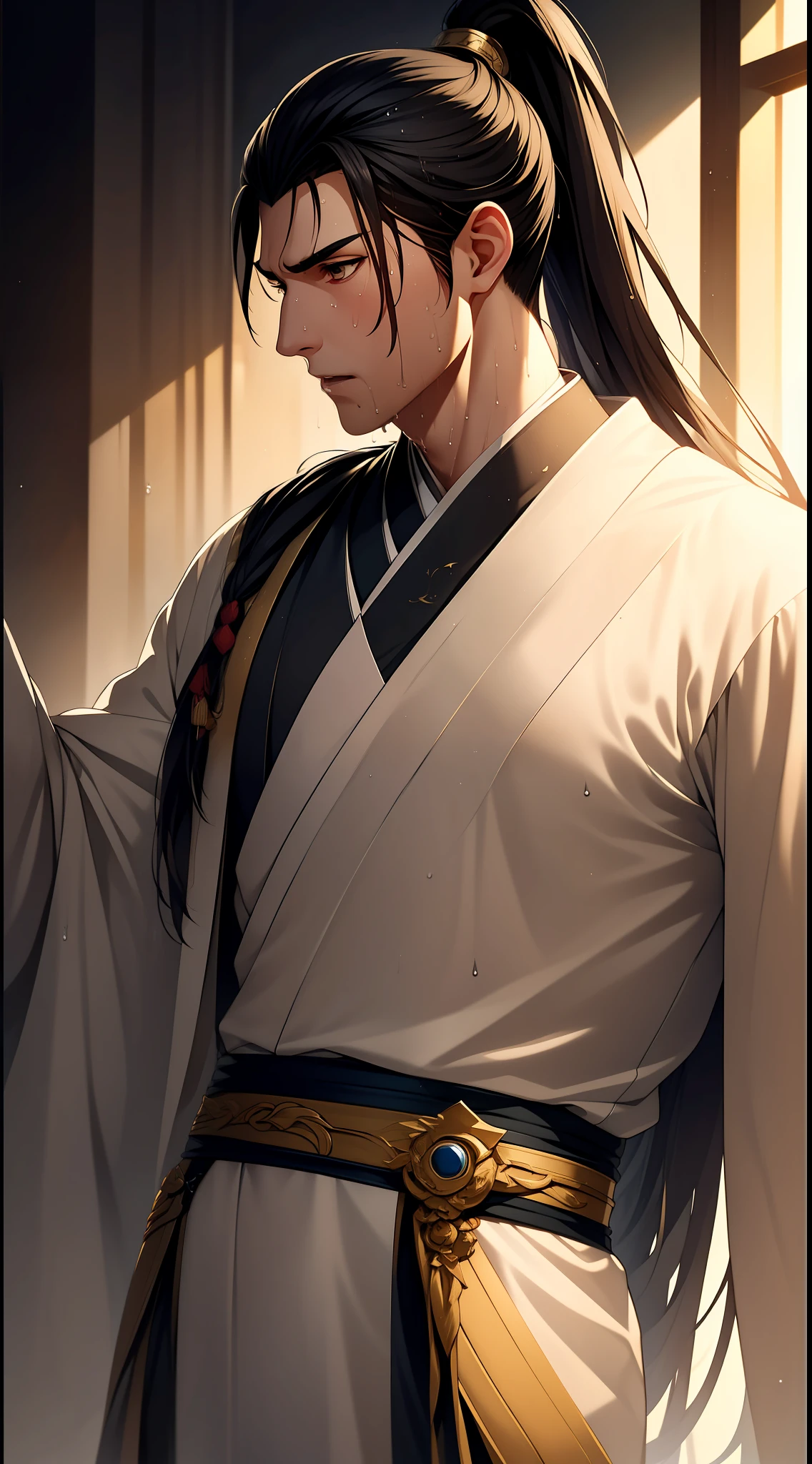 Two-dimensional, anime style, man (male warrior), muscle, correct proportions, face details, martial arts, high ponytail hairstyle, sweating, sweaty face, drooling, neck details, with Adam's apple, wet, wet, Hanfu costume, long robe, embroidered robe, dragon robe, clothing details, collar, long sleeves, game quality, swordsman demeanor, light and shadow tracing, ray tracing, detail glow, CG rendering, hair details, long black hair, golden eyes, sweaty face, handsome, handsome, sweat beads slipping down the neck, (juvenile feeling), complex clothing, wet, wet, perfect composition, refinement, high quality, more details, a lot of details, complex background, atmosphere,