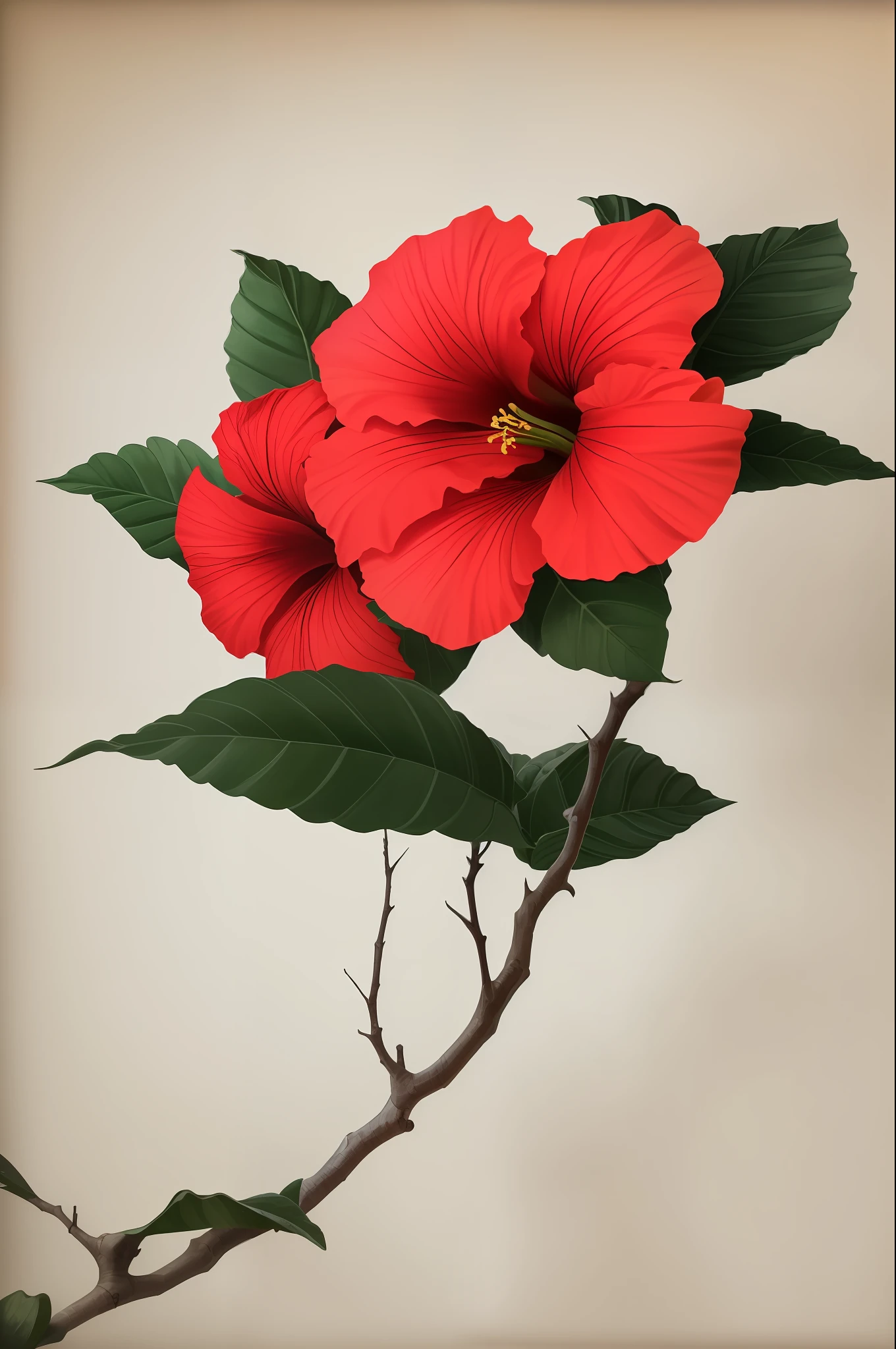Hibiscus flowers bloom on knotted branches,greybackground,Simple background,in light orange and light beige style,minimalist images,Photography effects,Antique atmosphere,Green and crimson elements,ultra-realistic realism,Poetic intimacy。