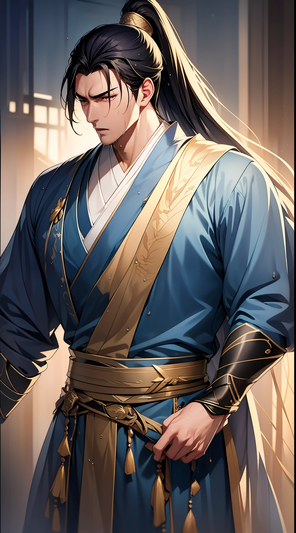 Two-dimensional, anime style, man (male warrior), muscle, correct proportions, face details, martial arts, high ponytail hairstyle, sweating, sweaty face, drooling, neck details, with Adam's apple, wet, wet, Hanfu costume, long robe, embroidered robe, dragon robe, clothing details, collar, long sleeves, game quality, swordsman demeanor, light and shadow tracing, ray tracing, detail glow, CG rendering, hair details, long black hair, golden eyes, sweaty face, handsome, handsome, sweat beads slipping down the neck, (juvenile feeling), complex clothing, wet, wet, perfect composition, refinement, high quality, more details, a lot of details, complex background, atmosphere,