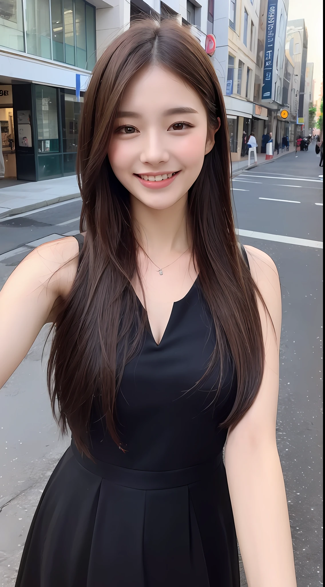 ((Best quality, 8k, Masterpiece :1.3)), 1girl, smiling, full body, slim face, Pretty woman, (Dark brown hair), full length dress :1.1, Ultra-detailed face, Detailed eyes, Double eyelid, blur background, slim face, city, outside, street,