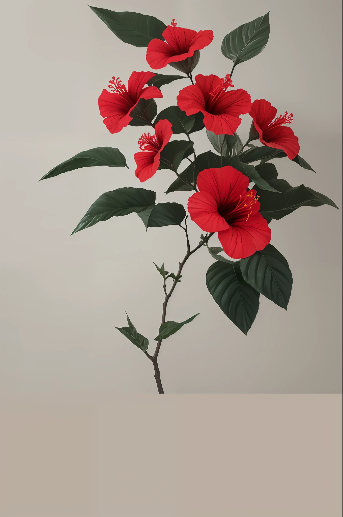 Hibiscus flowers bloom on knotted branches,greybackground,Simple background,in light orange and light beige style,minimalist images,Photography effects,Antique atmosphere,Green and crimson elements,ultra-realistic realism,Poetic intimacy。