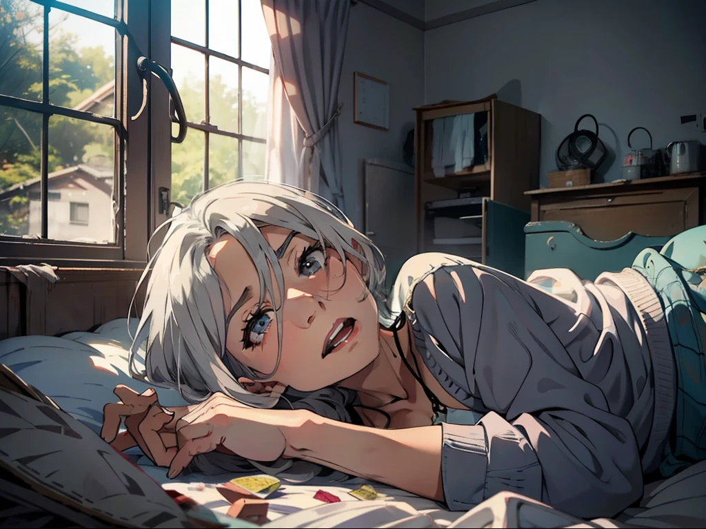 (A gray-haired grandmother was lying on the bed),The expression of opening your mouth,Dilapidated room with background