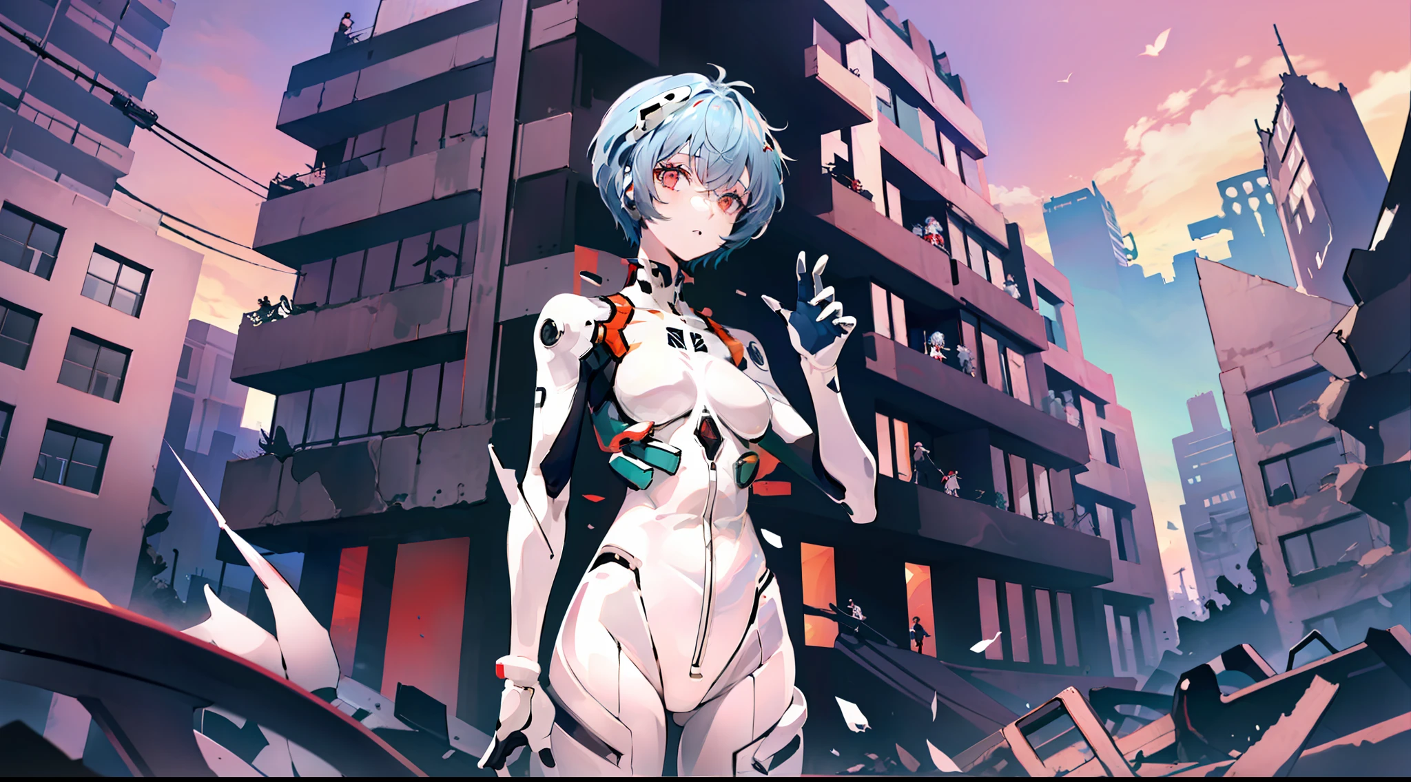 (masterpiece), A girl with short pale blue hair with bangs centered to the middle and has red eyes, wearing a white plug-suit, ((perfect hand:1.2)), small hands, rising hand, standing in front of a collapsed building and robot, red sky, large red lance in the background