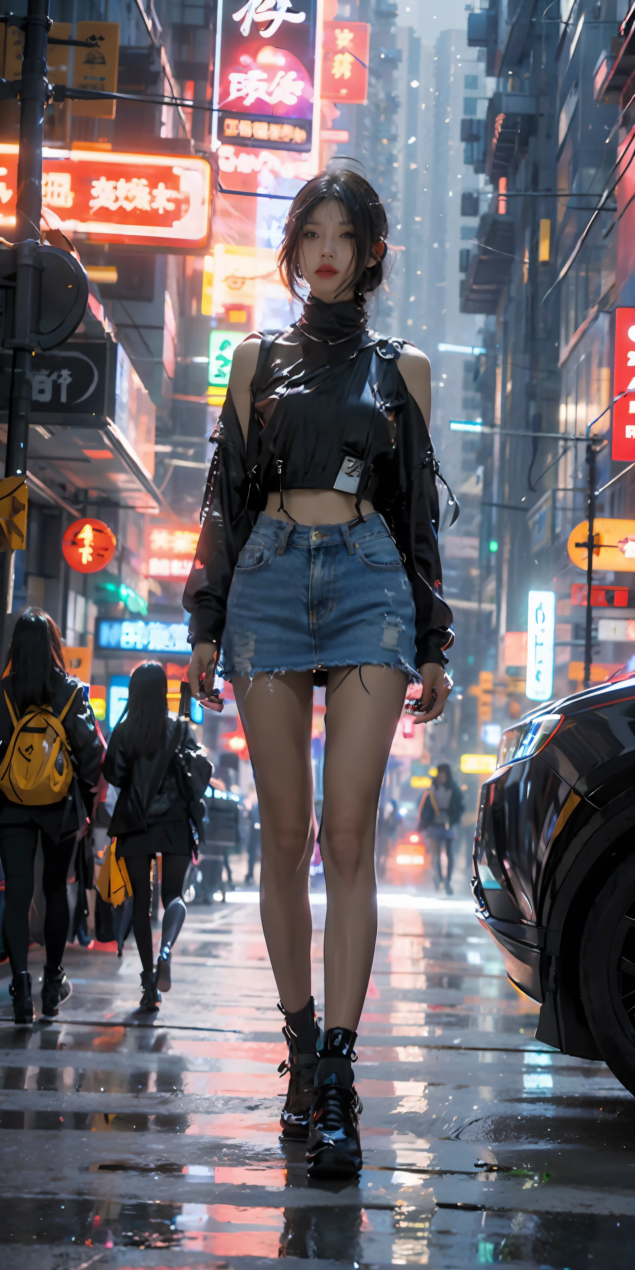 (best images quality)), ((tmasterpiece)), ((meticuloso)), (Street fashion shooting), Girl wearing denim dress, s delicate face,youthfulenergy,the night,(Cyberpunk City 1.5),Highlight the punk style, downtown landscape, Futuristic, Technology elements, holographic projections, with dynamism, A fusion of fashion and technology, (Digital illustration:1.2), (真实感:1.1), (High- sharpness:1.1)