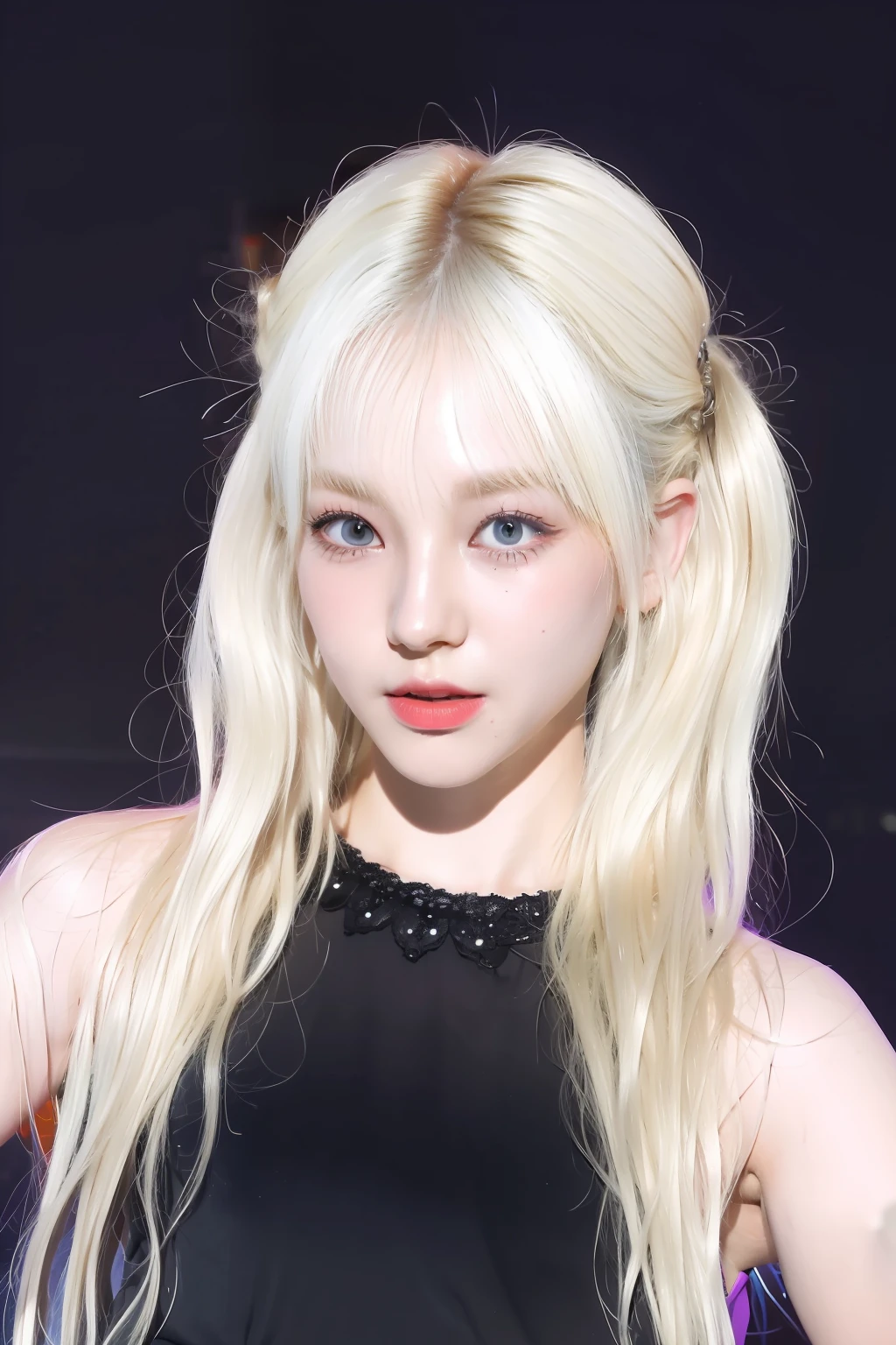 (8k, 4k, best quality, highres, ultra high res:1.1), (masterpiece, realistic, photo-realistic:1.1), 1girl, face, close-up, twintails, blonde hair, black eyes, red lips, (Looking in the audience：2），Absurd long hair，long eyelasher，eye shadows，petty face，largeeyes，exposed bare shoulders，hight contrast，PC Wallpapers