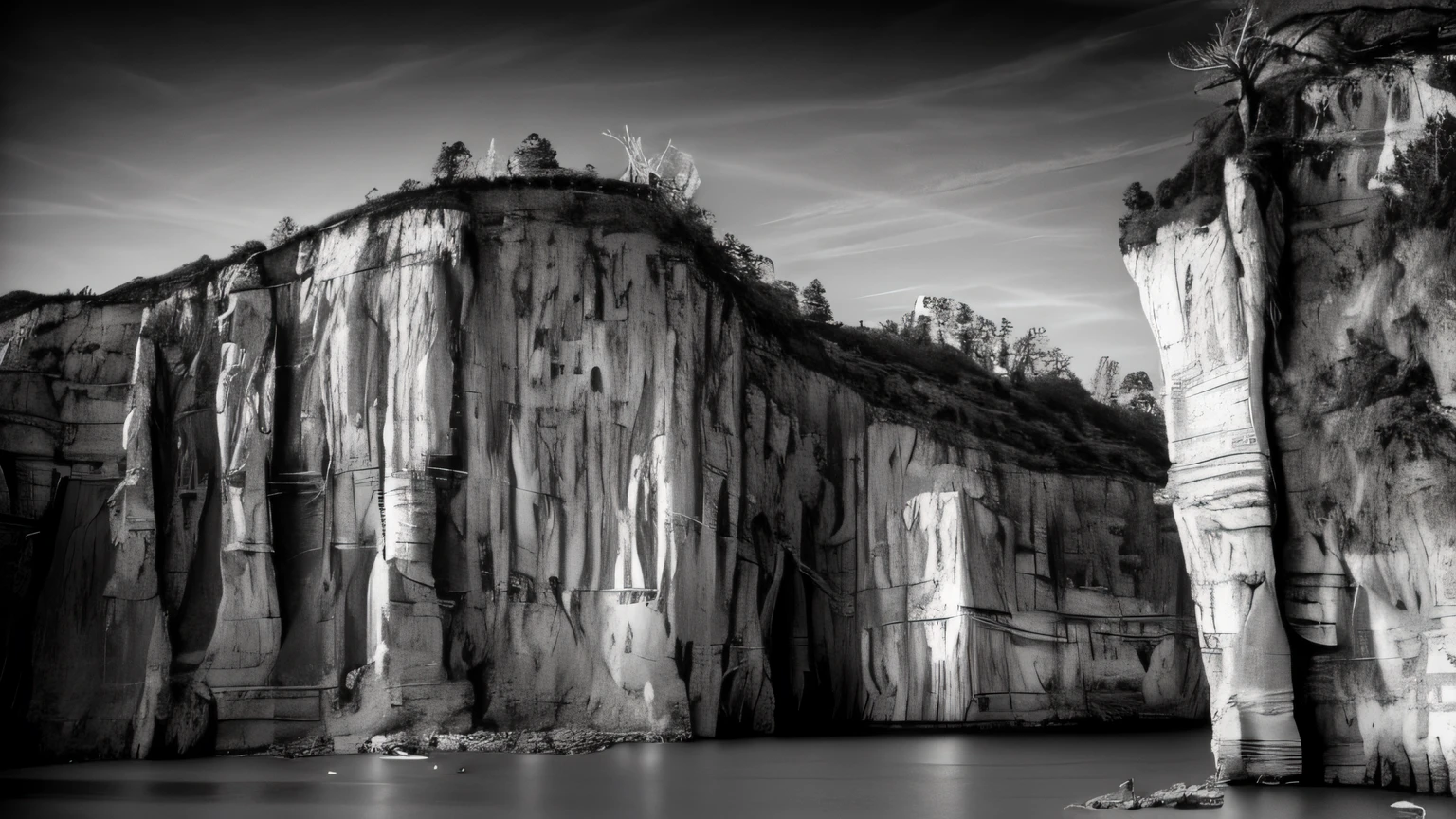 A black-and-white photograph of a large rock formation，There is a river below, rocky cliff, Rocky cliffs, sharp cliffs, sheer cliffs surround the scene, precipice, Cliff side, cliff, Chalk cliffs above, Steep cliffs, trees and cliffs, cliffside, Grayscale photography, coastal cliffs, High cliffs, b&W photo, Chiseled formations, karst landscape